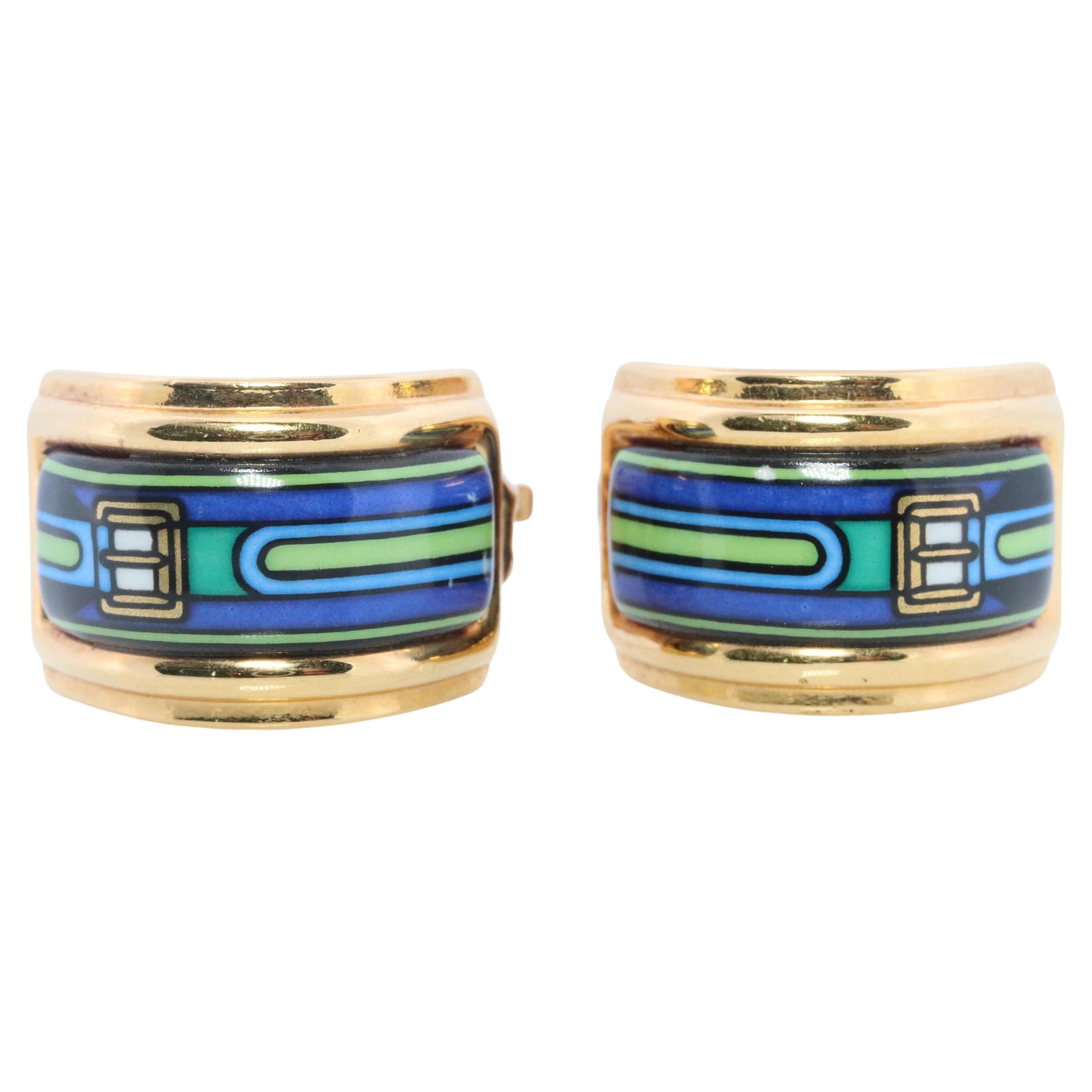 Hermes Earrings. Genuine Vintage Hermes cloisonne enamel golden earrings Clip on