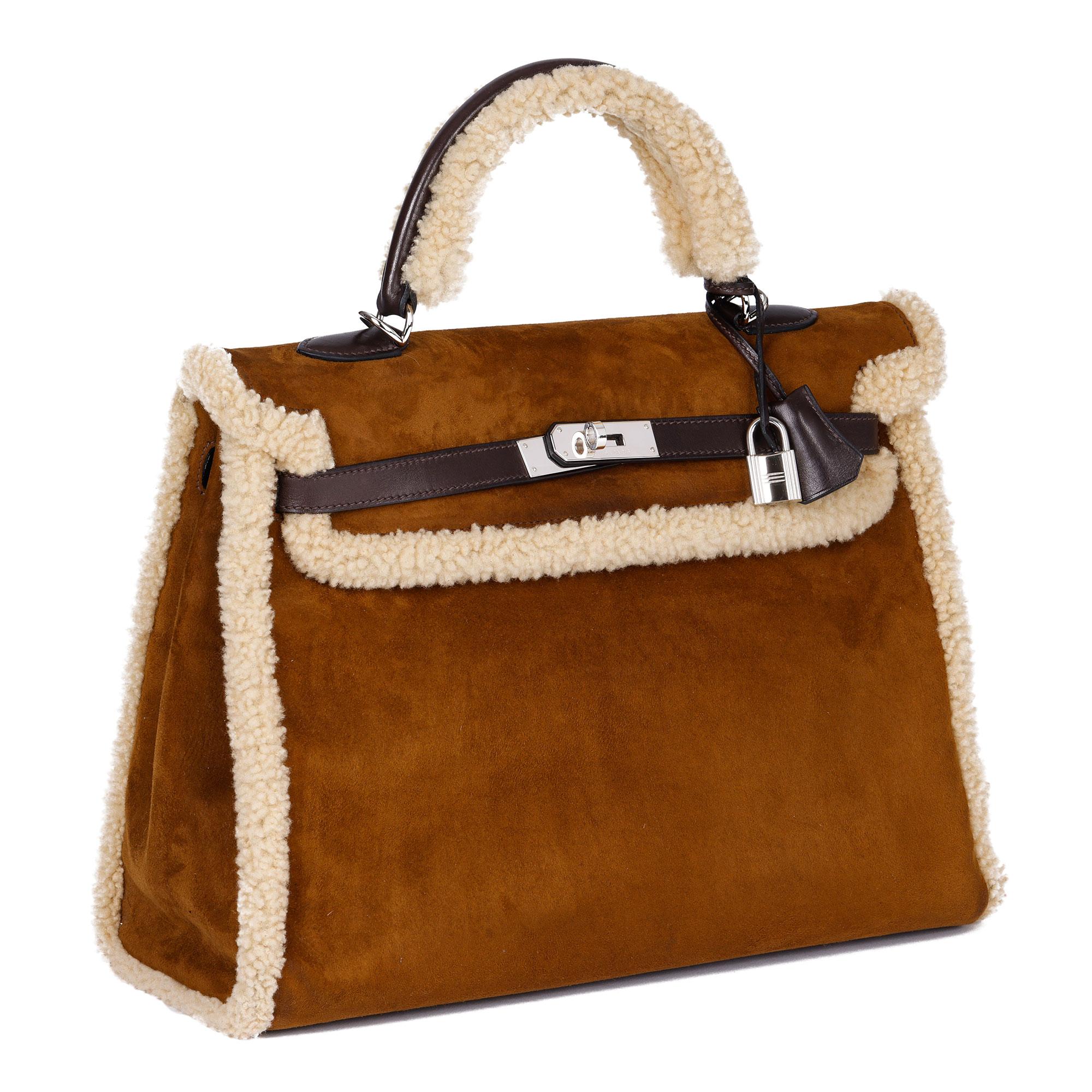 Hermès Ebene Barenia and Shearling Teddy Kelly 35cm For Sale at