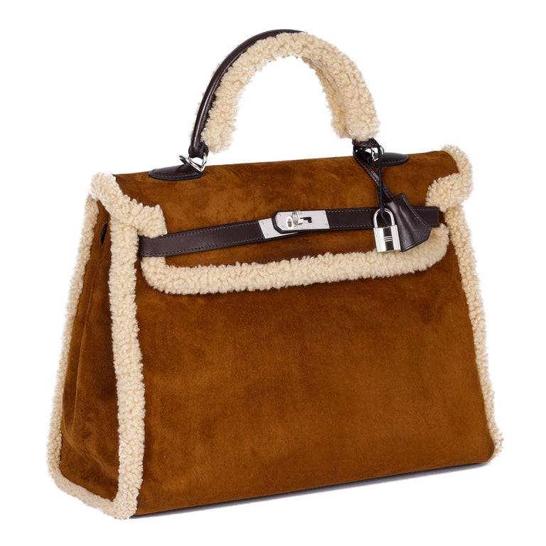 Hermès Ebene Barenia and Shearling Teddy Kelly 35cm at 1stDibs