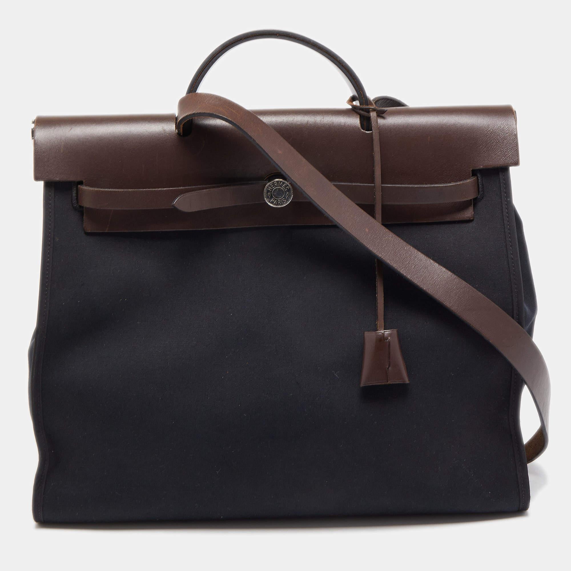 Women's Hermes Ebene/Black Canvas and Leather Herbag Zip 39 Bag