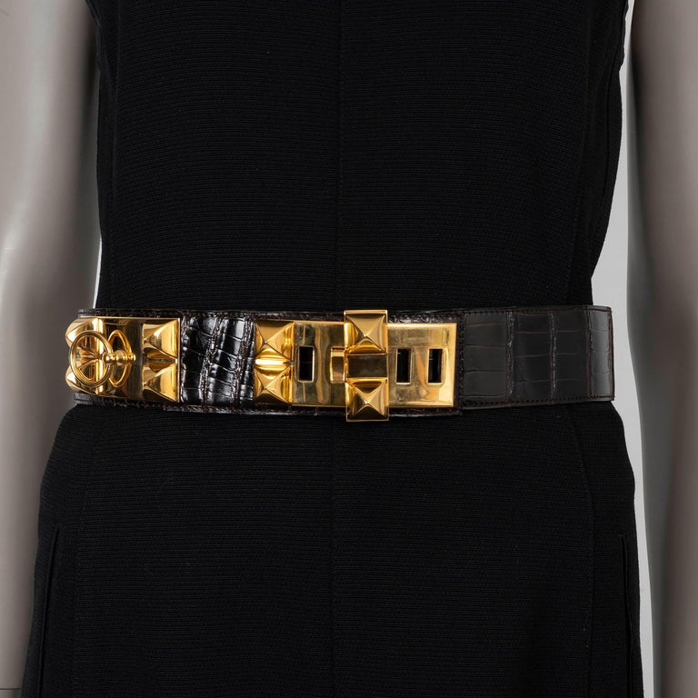 HERMES Ebene brown CROC COLLIER DE CHIEN 50 Belt 77 For Sale  display picture 3