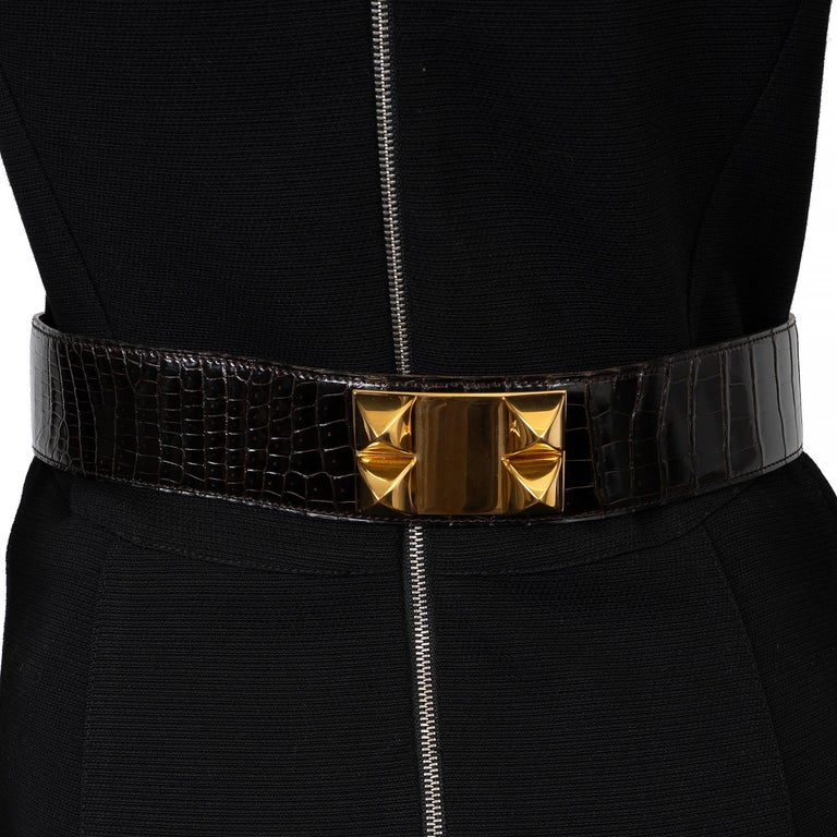HERMES Ebene brown CROC COLLIER DE CHIEN 50 Belt 77 For Sale  display picture 3