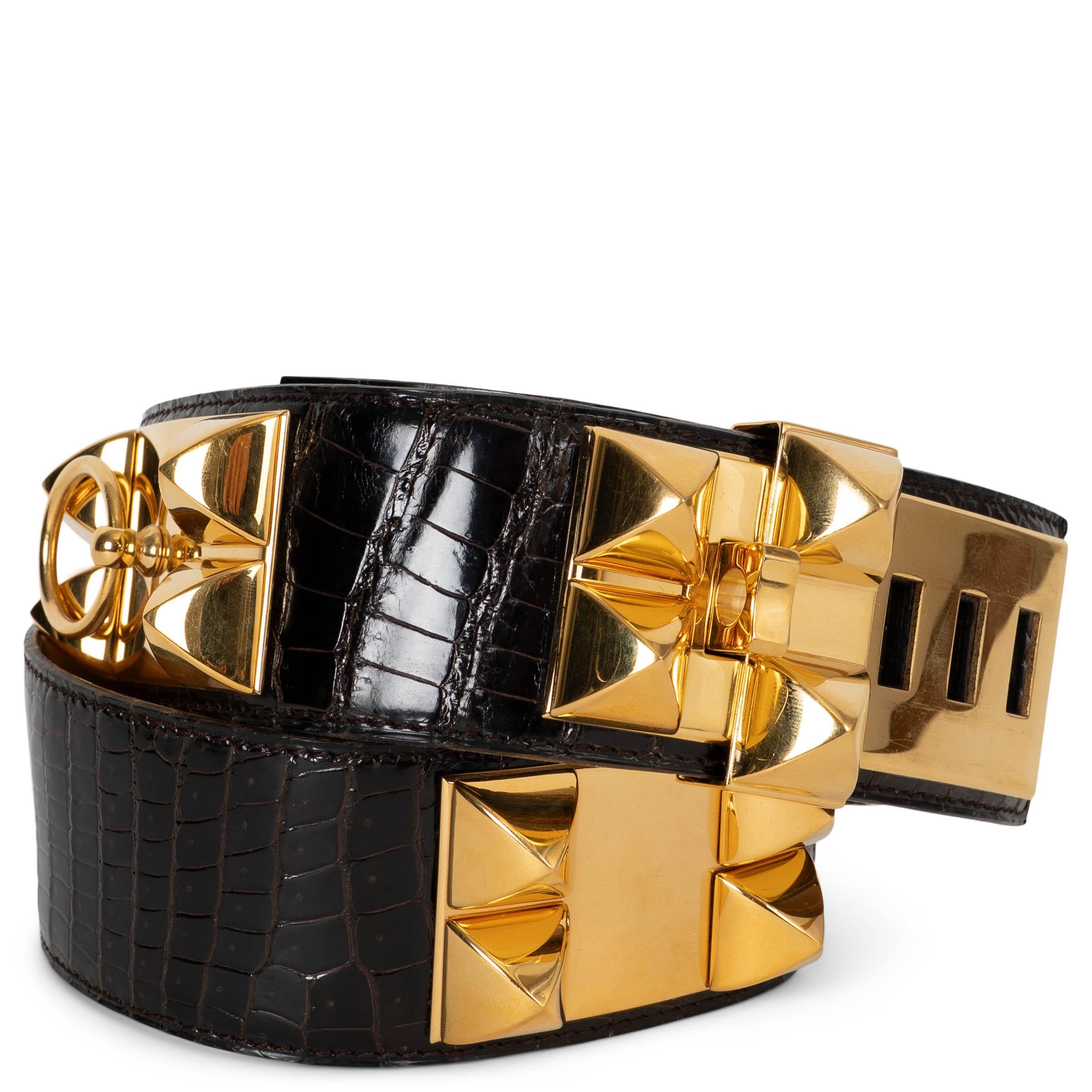 HERMES Ebene brown CROC COLLIER DE CHIEN 50 Belt 77 en vente