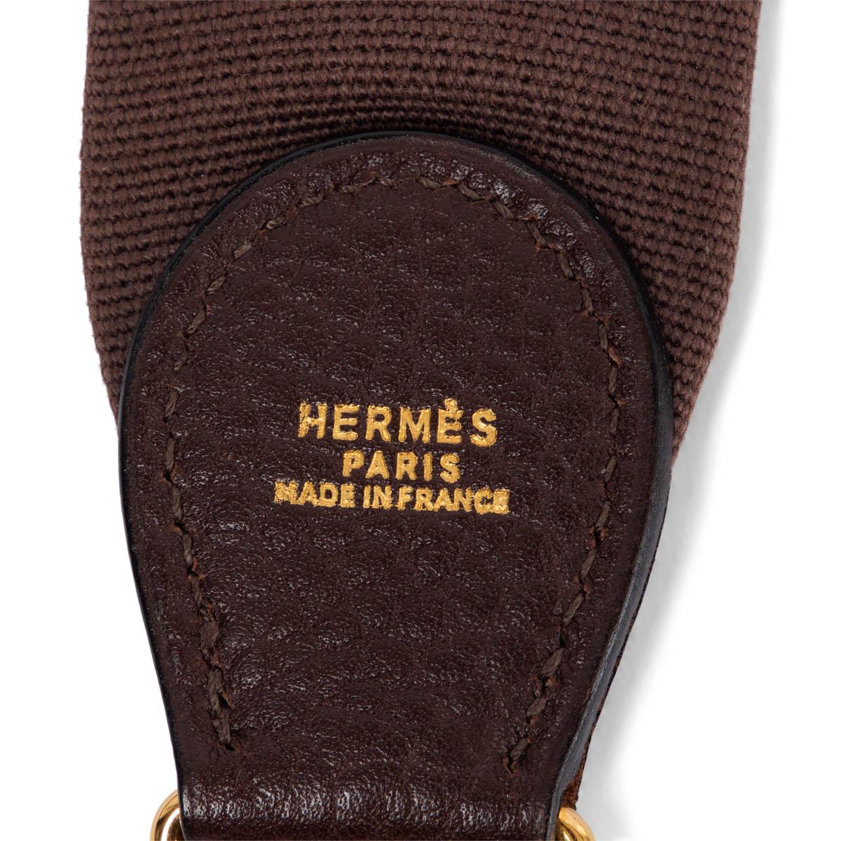 Women's HERMES Ebene brown leather & canvas SANGLE KELLY 50mm Bag Strap