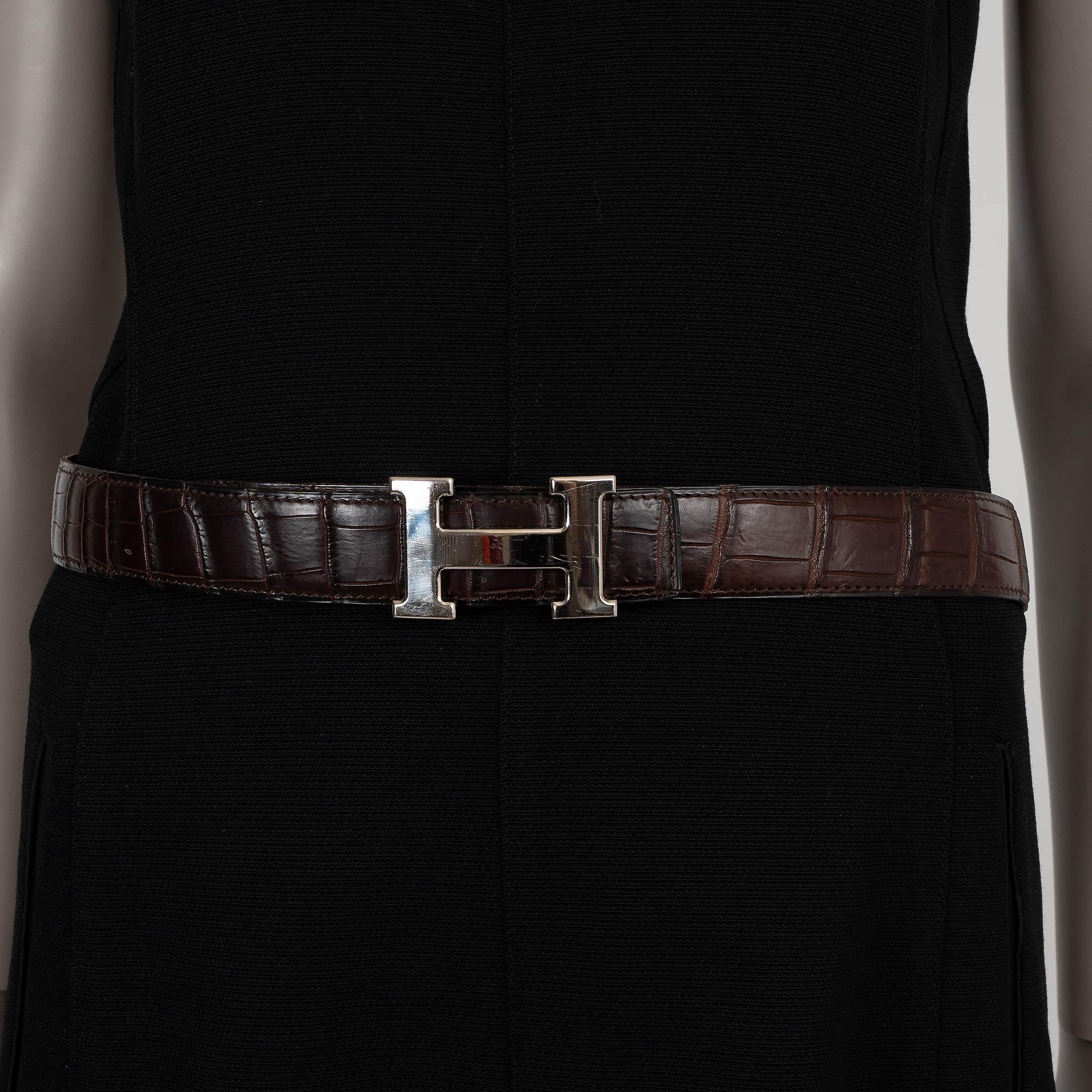 Black HERMES Ebene brown MATTE CROCODILE 32MM H Buckle Belt 85 For Sale