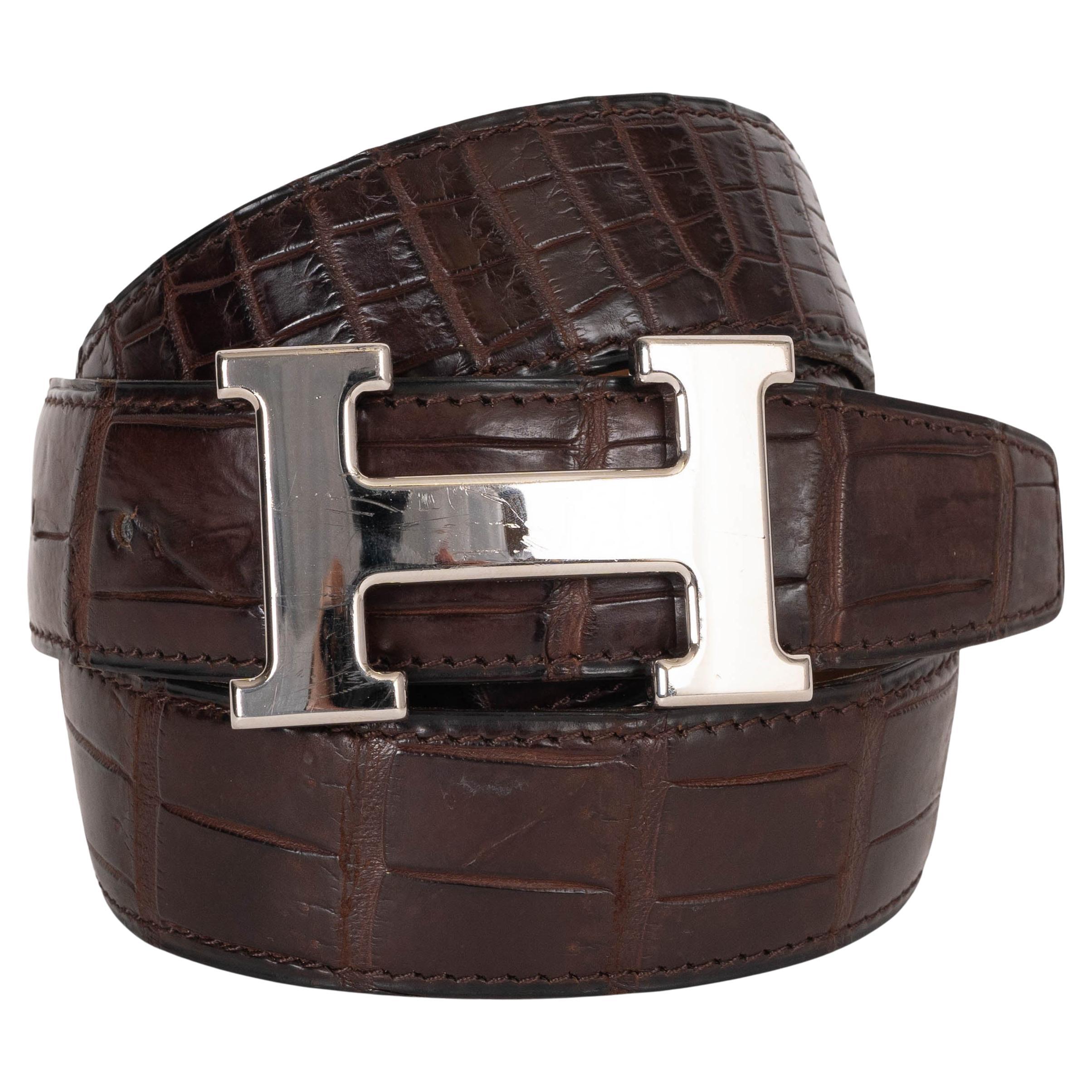 HERMES Ebene brown MATTE CROCODILE 32MM H Buckle Belt 85 For Sale