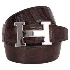 HERMES Ebene brown MATTE CROCODILE 32MM H Buckle Belt 85