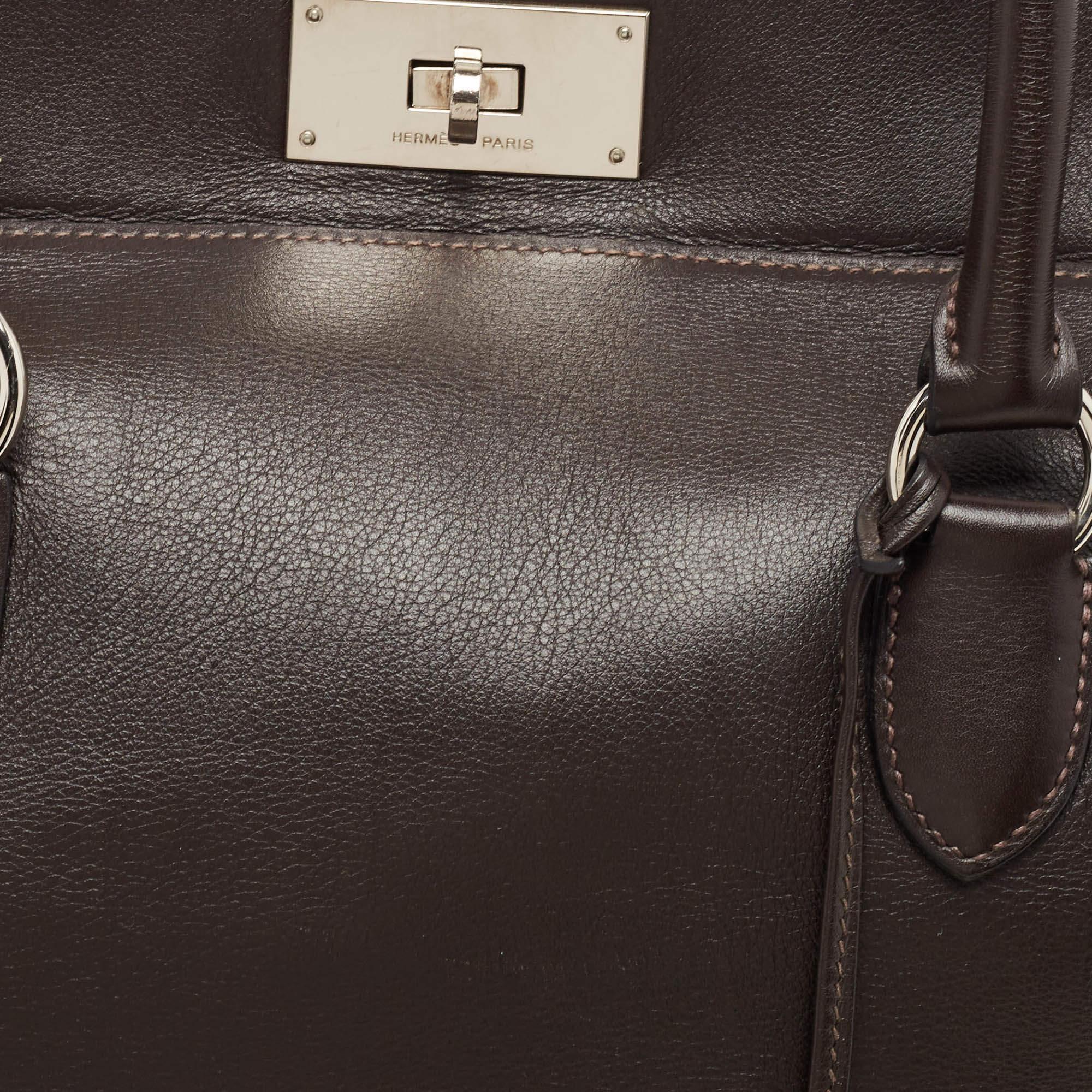 Women's Hermes Ebene Evercolor Leather Palladium Finish Toolbox 26 Bag