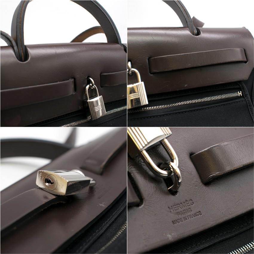 Hermes Ebene hunter vache Leather & Black Toile Canvas Herbag Zip 31 cm In Good Condition In London, GB