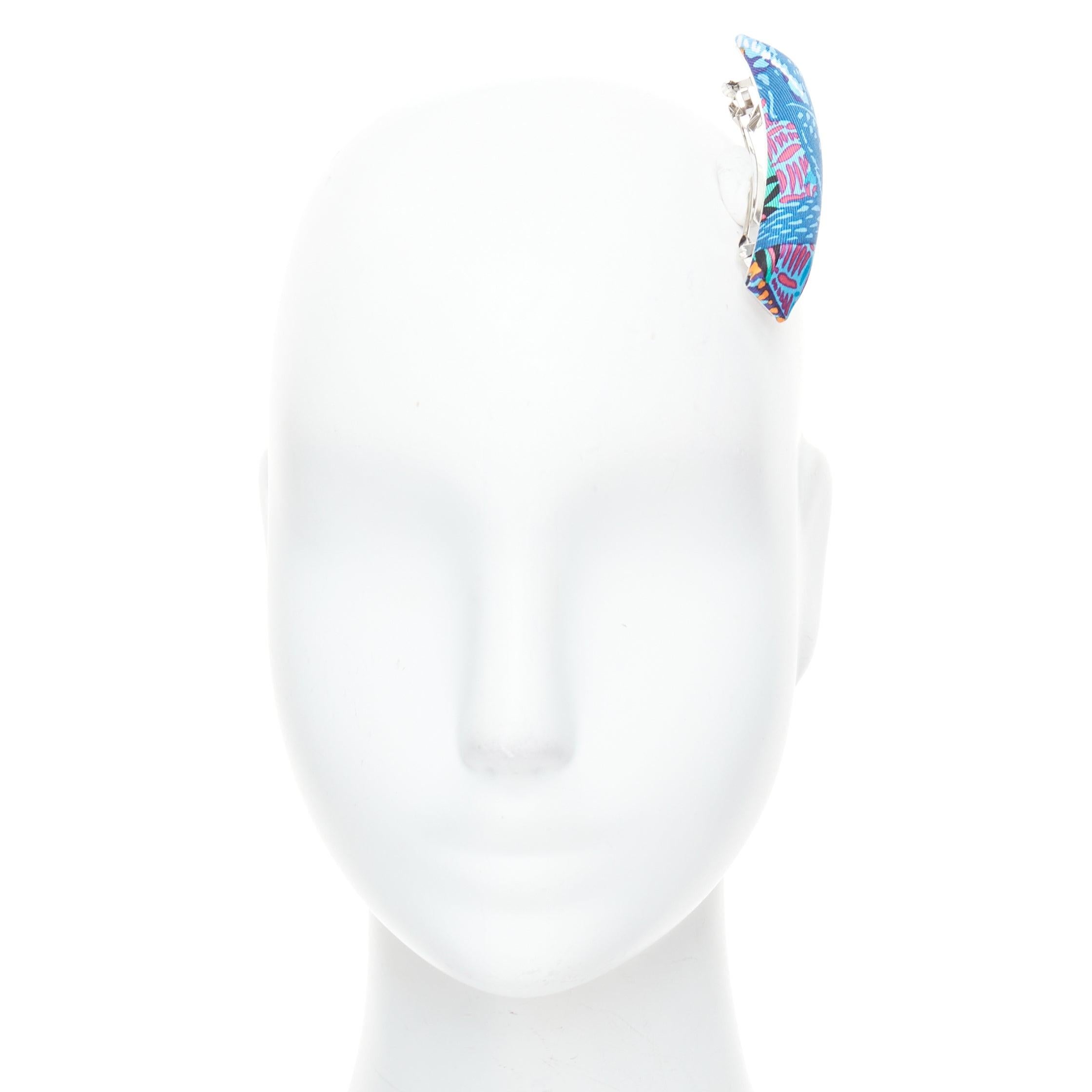 Blue HERMES Eclipse PM Wild Singapore blue multicolor silk print hair barette clip For Sale