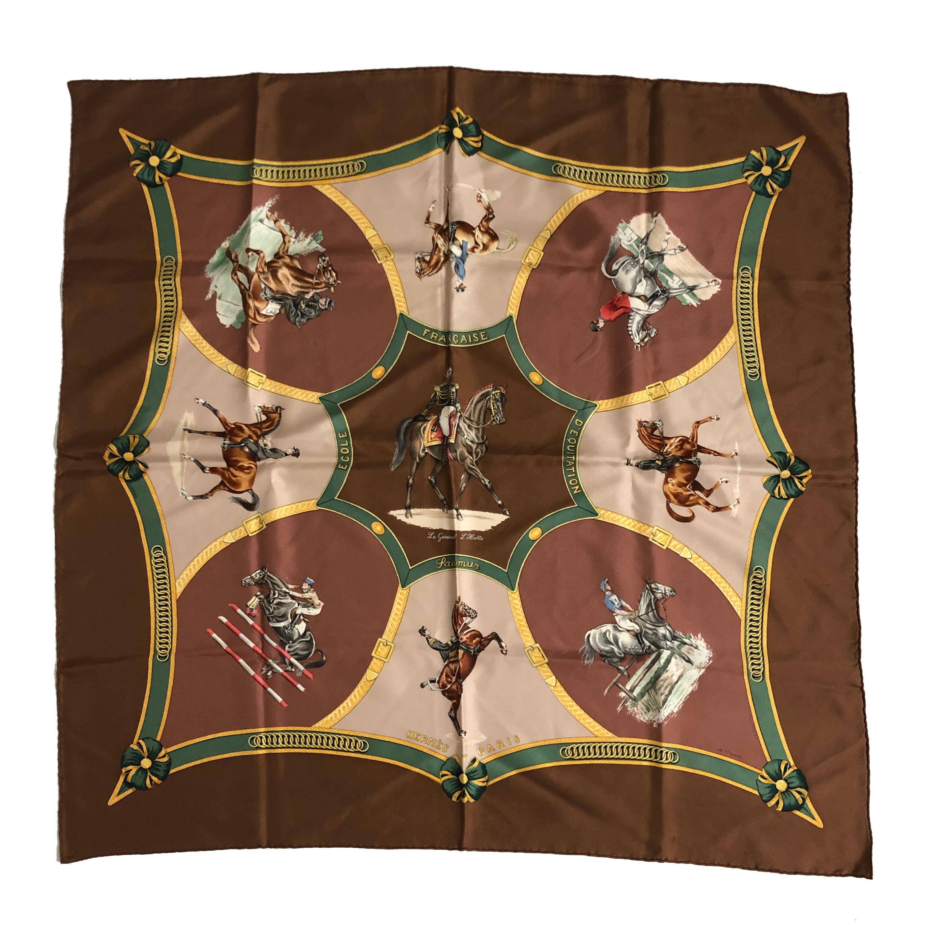 Authentic, preowned, vintage Hermes Ecole Francaise d'Equitation Silk Scarf or Carre, 90cm in brown colorway, circa 1987.  Designed by Jean De Fougerolle & Margot Grygkar. Preowned/vintage with some signs of wear: a few tiny spots (hard to see