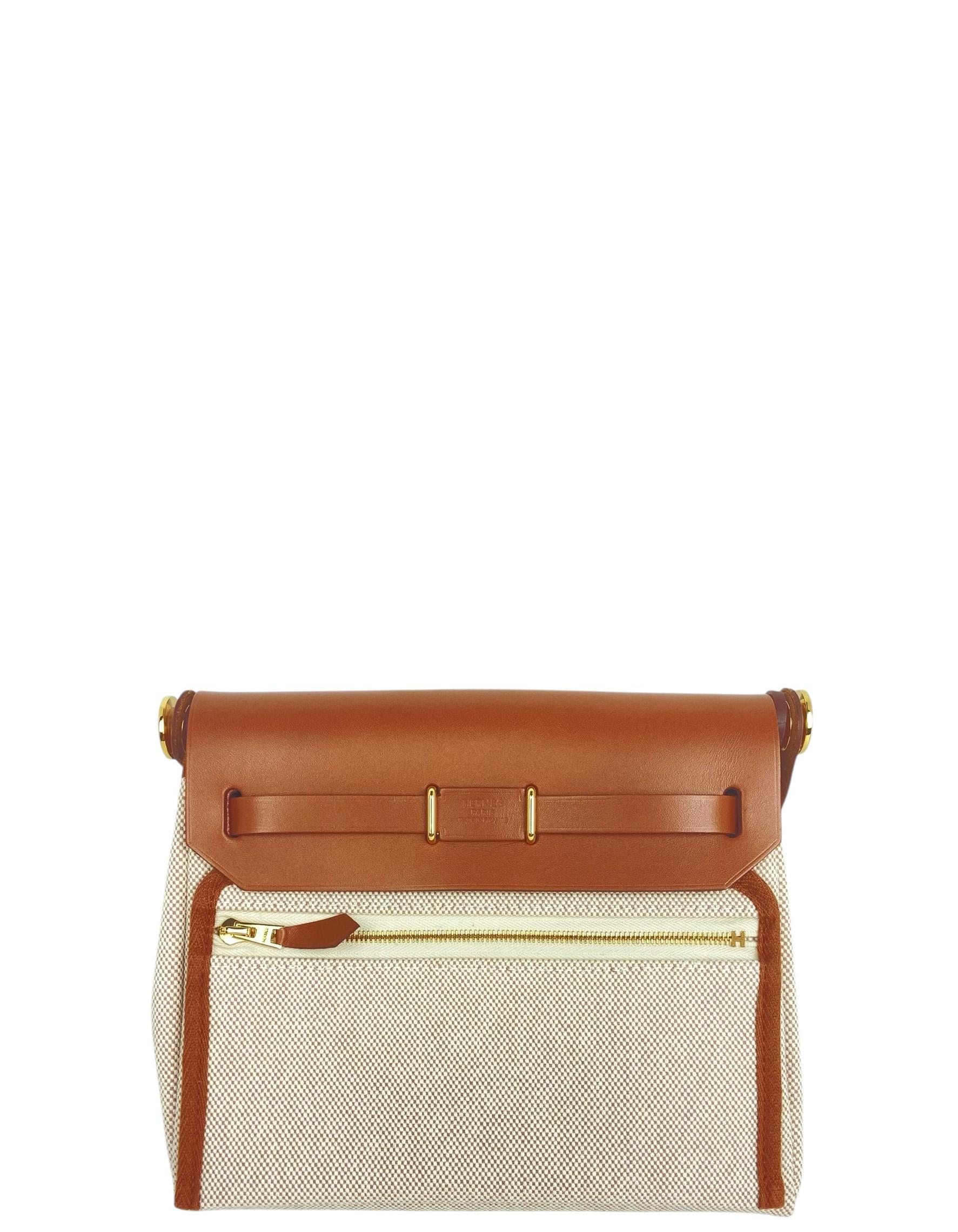 Donna Hermes Ecru Beige Fauve Military Toile Vache Hunter Herbag Zip Retourne 20 Bag in vendita