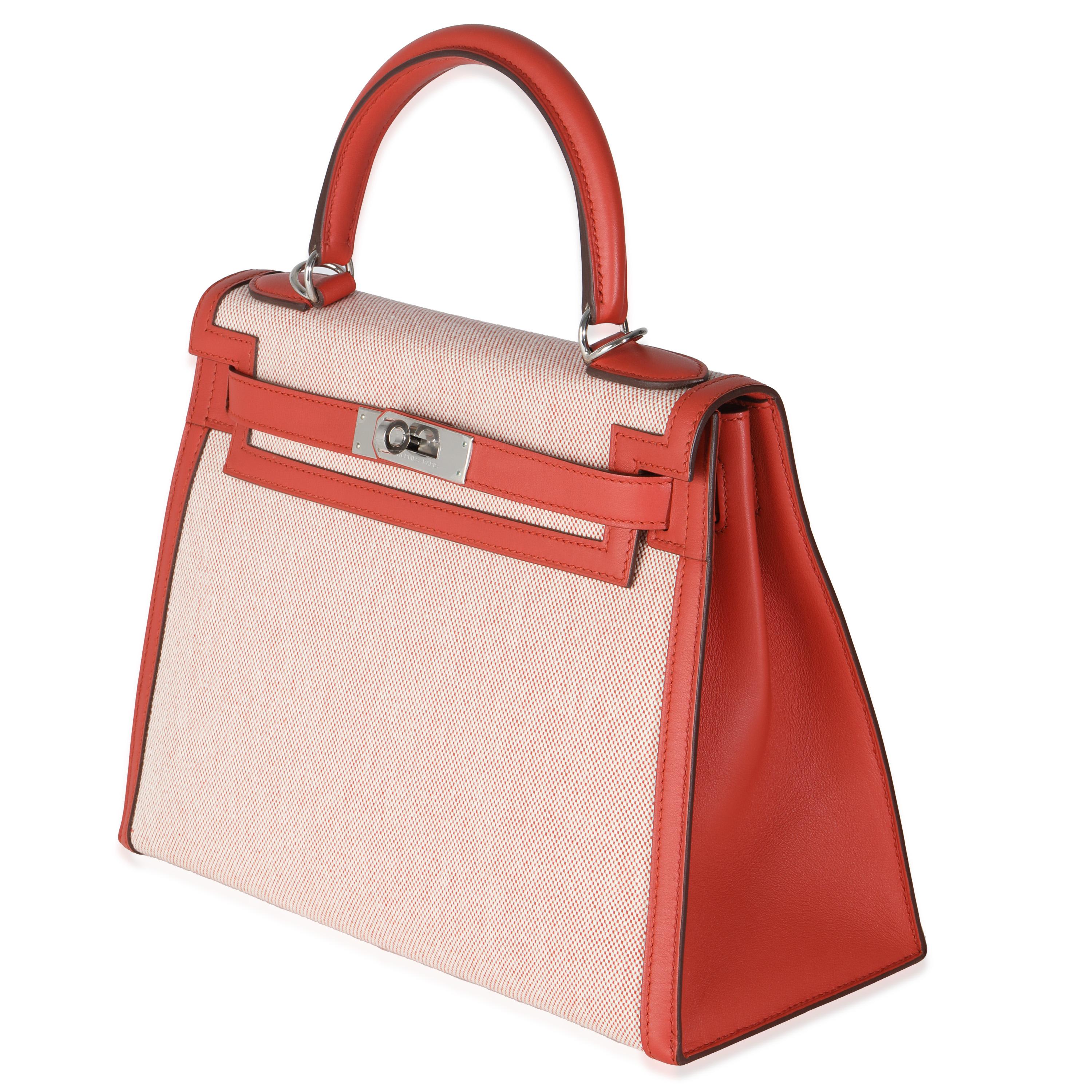 Hermès Ecru Brique Terre Battue Toile Quadrille Swift Sellier Kelly 28 PHW In Excellent Condition For Sale In New York, NY