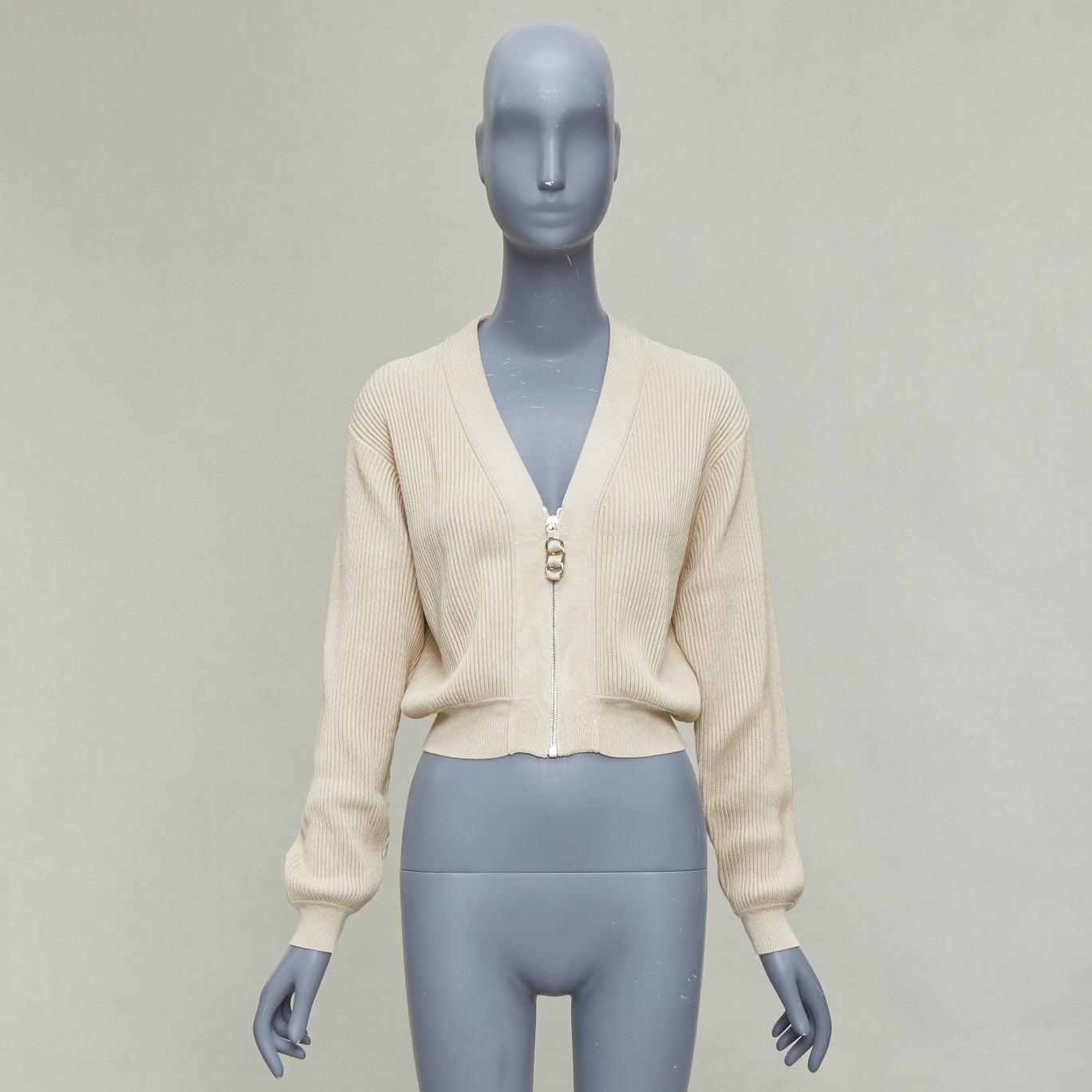HERMES ecru viscose silk silver zipper head ribbed crop cardigan FR36 S For Sale 5