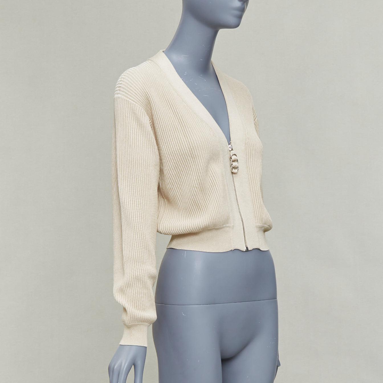 HERMES ecru viscose silk silver zipper head ribbed crop cardigan FR36 S In Excellent Condition For Sale In Hong Kong, NT