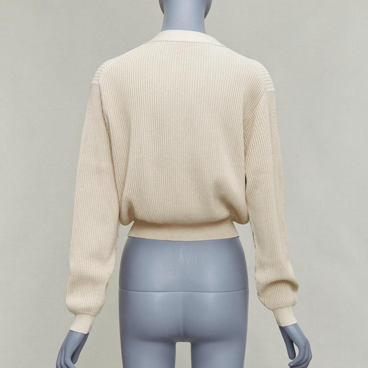 HERMES ecru viscose silk silver zipper head ribbed crop cardigan FR36 S For Sale 1
