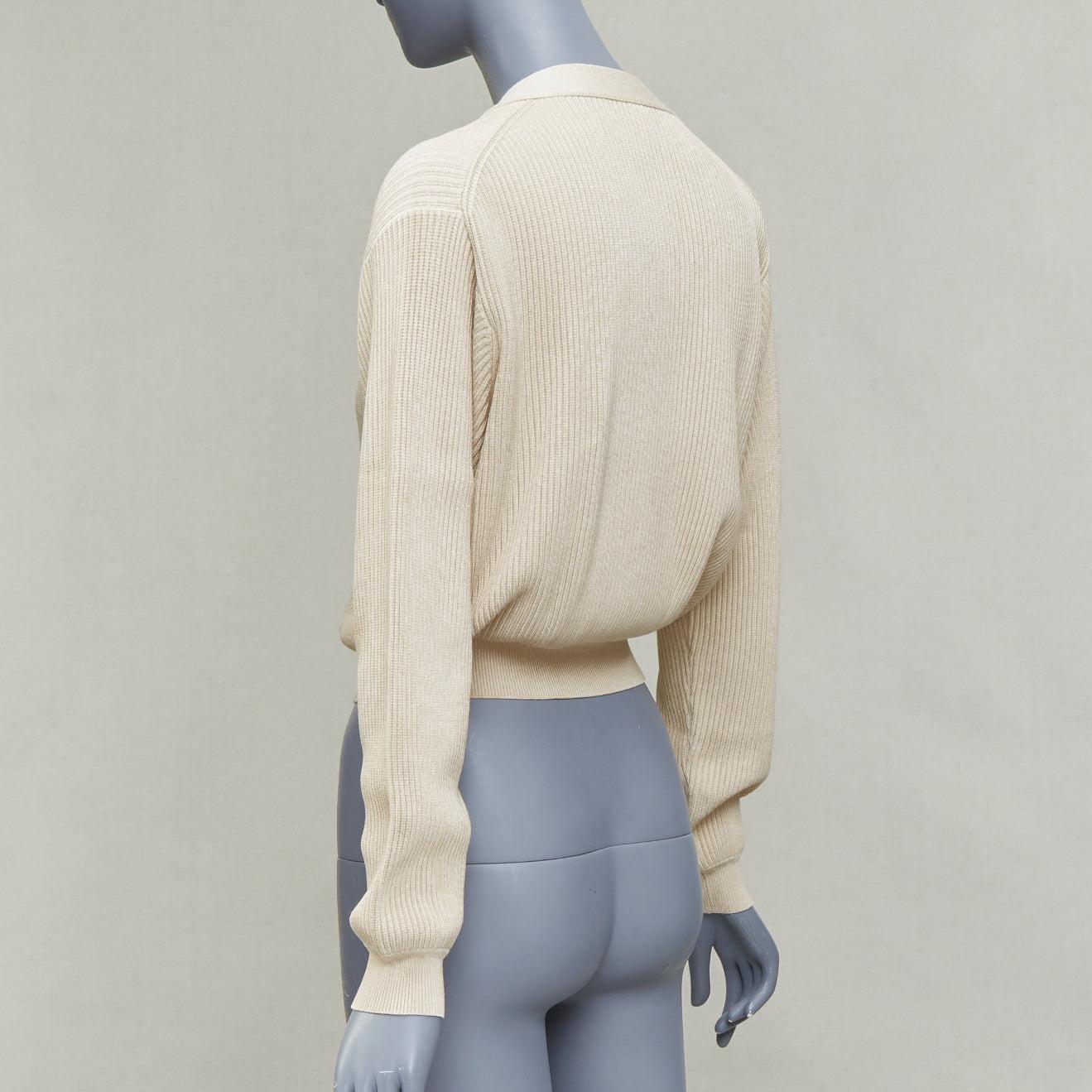 HERMES ecru viscose silk silver zipper head ribbed crop cardigan FR36 S For Sale 2