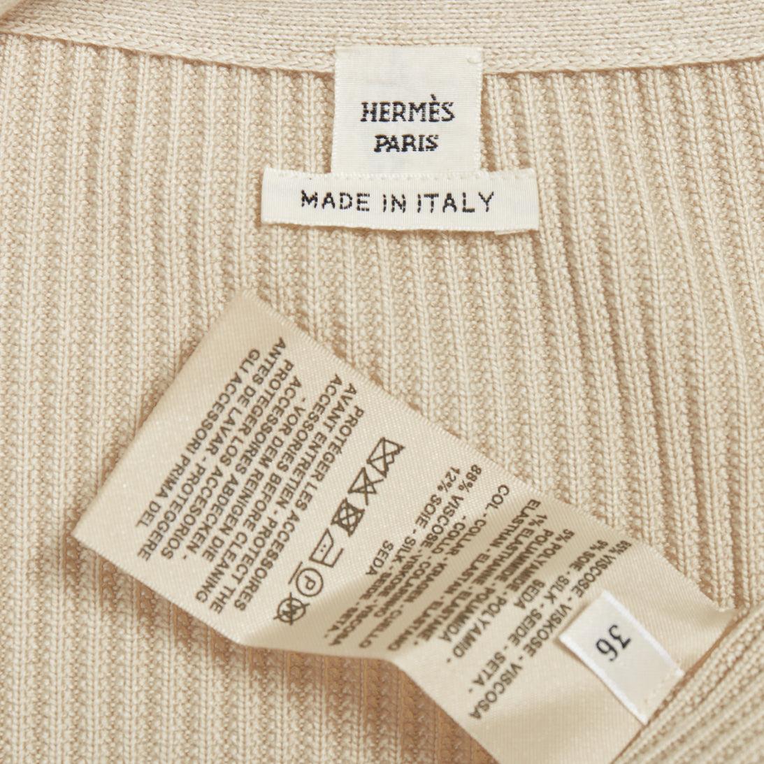 HERMES ecru viscose silk silver zipper head ribbed crop cardigan FR36 S For Sale 4
