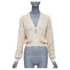 HERMES ecru viscose silk silver zipper head ribbed crop cardigan FR36 S