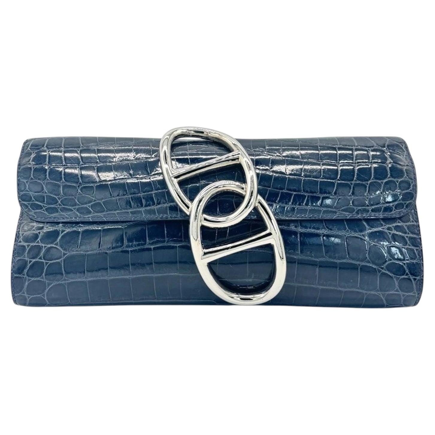 Hermès Egee Clutch Blue Niloticus Crocodile with Palladium Hardware (2013)