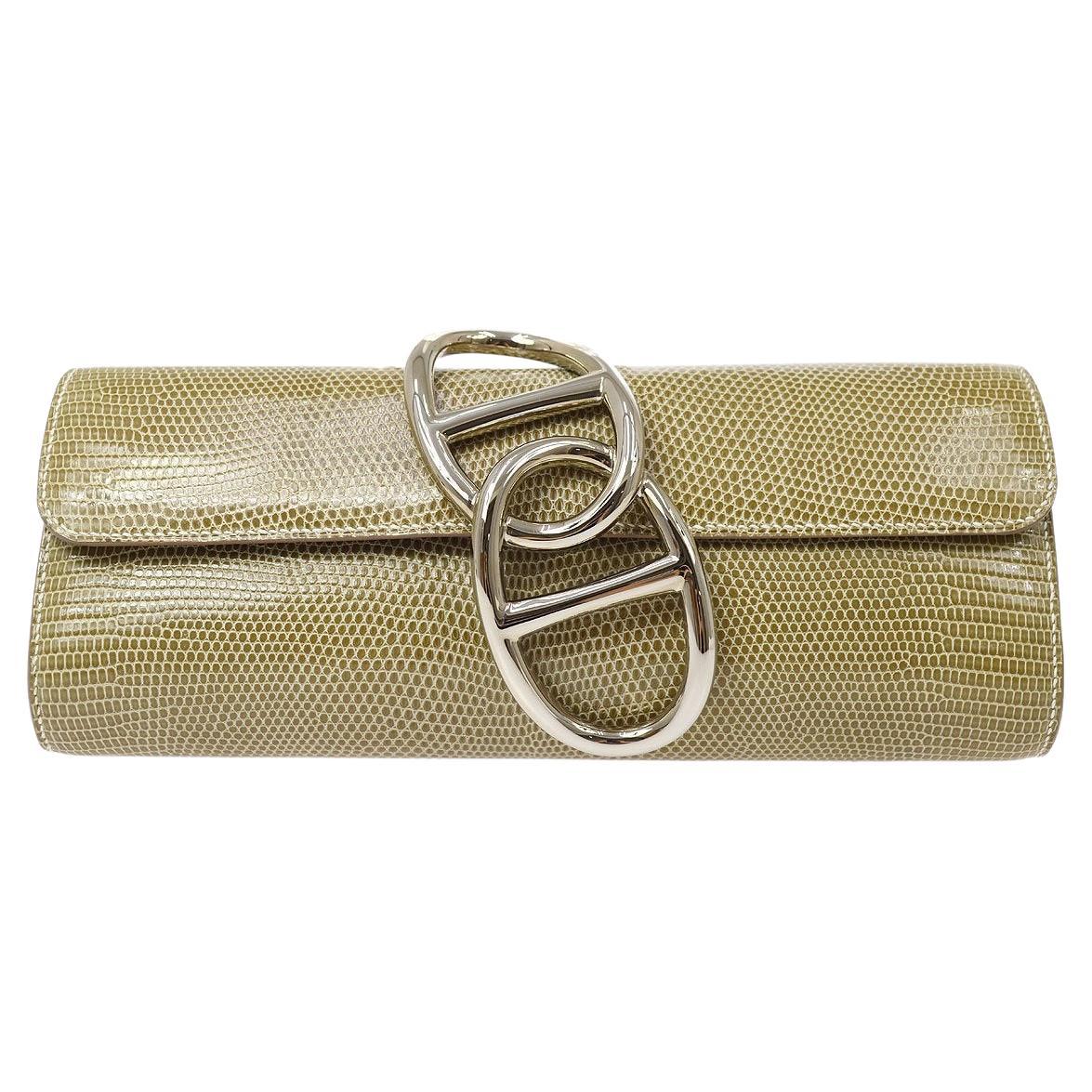 HERMES Egee Taupe Tan Ficelle Lizard Exotic Leather Silver Chaine Clutch Bag