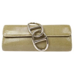 HERMES Egee Taupe Tan Ficelle Lizard Exotic Leather Silver Chaine Clutch Bag  For Sale at 1stDibs