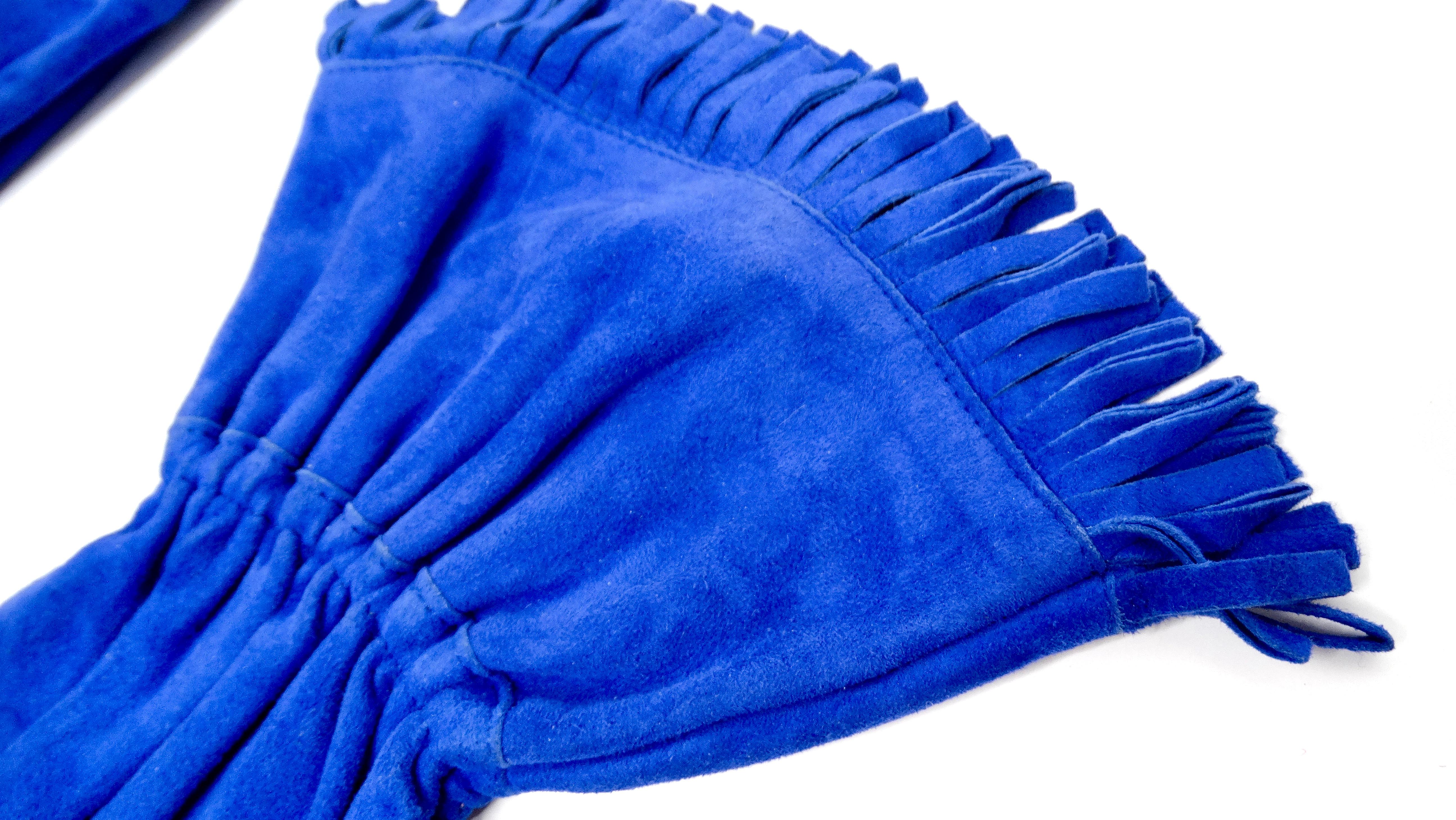 Women's Hermes Electric Blue Leather & Suede Fringe Gloves circa 1990s For Sale