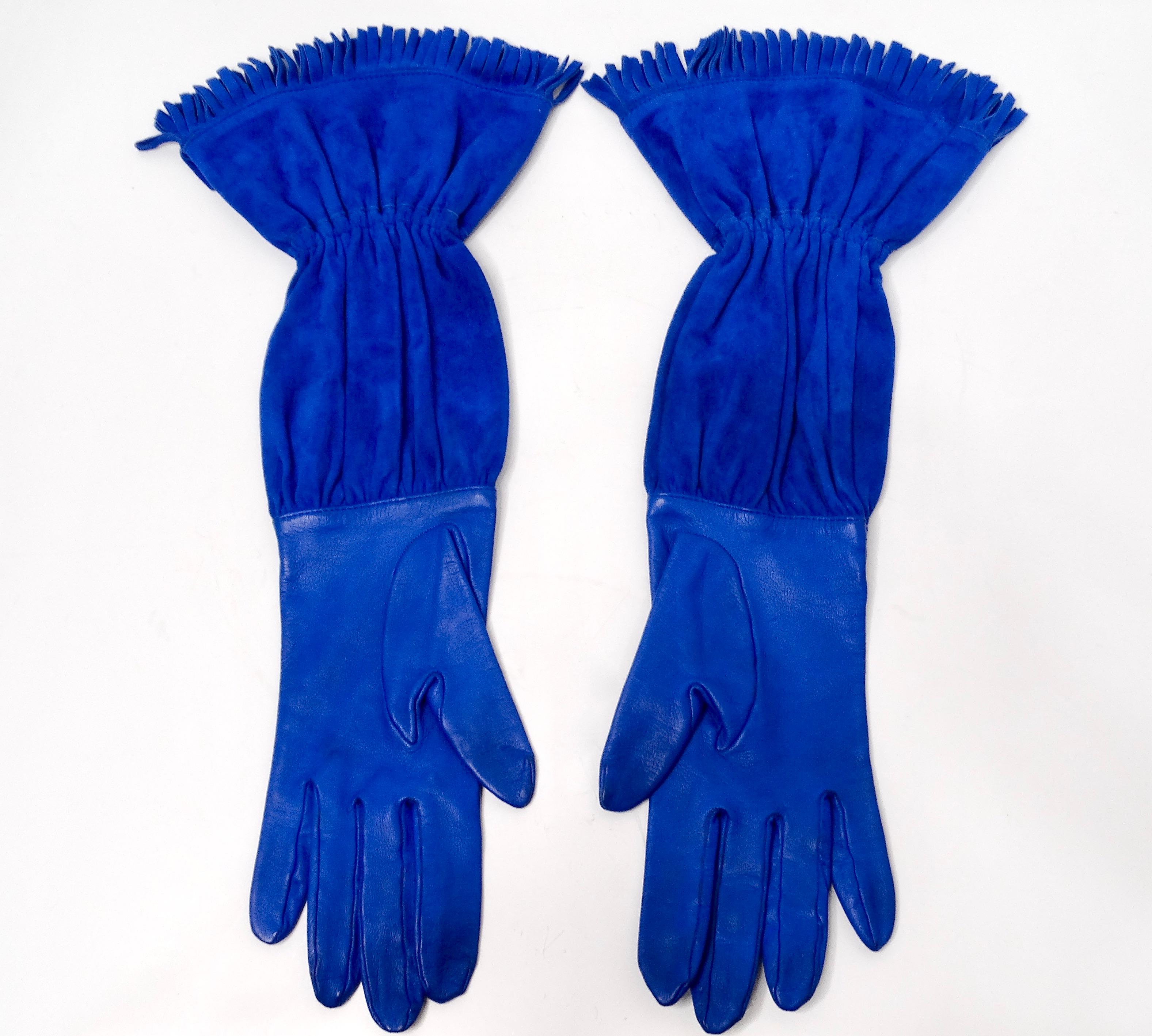 Hermes Electric Blue Leather & Suede Fringe Gloves circa 1990s For Sale 1