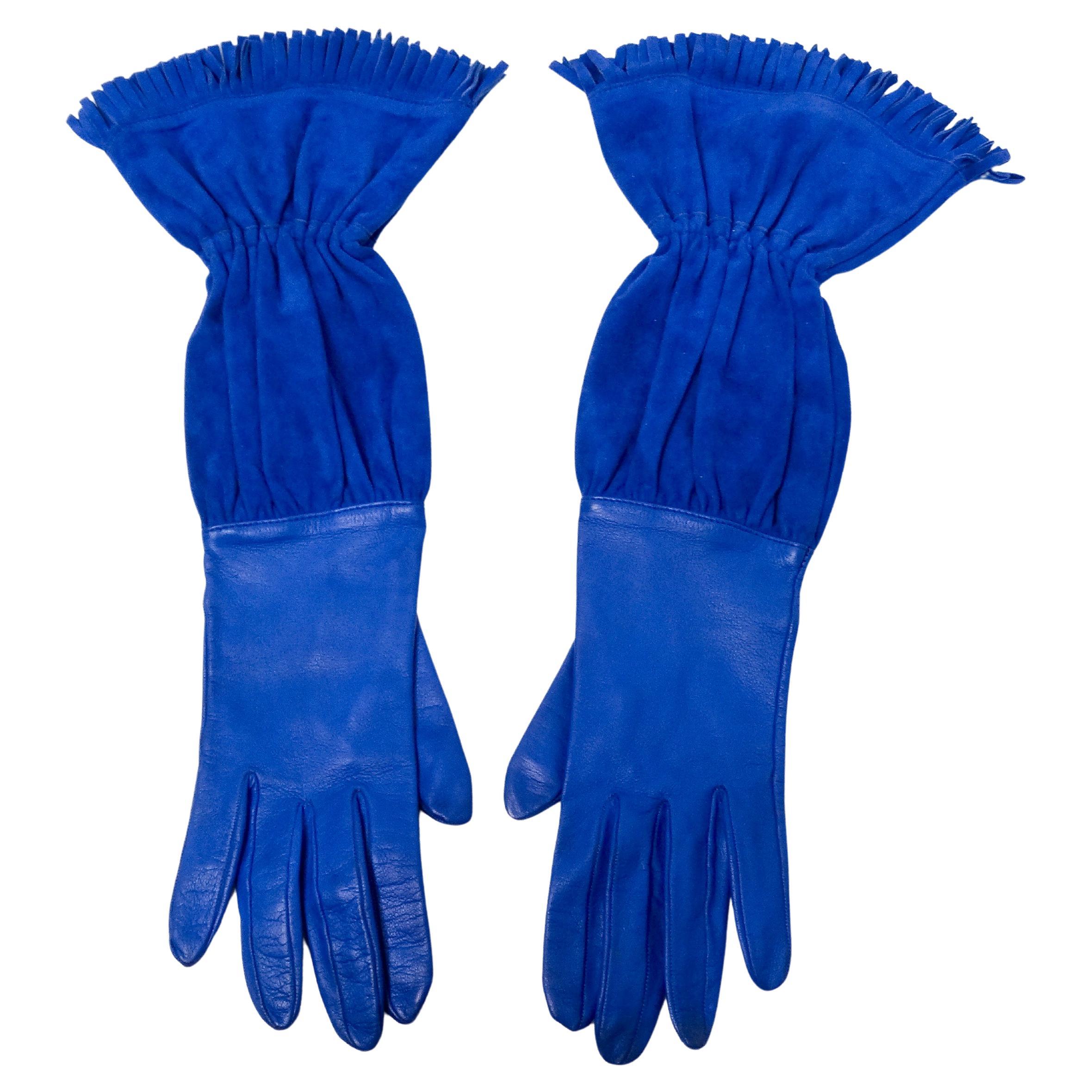 Hermes Electric Blue Leather & Suede Fringe Gloves circa 1990s For Sale