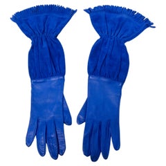 Hermes Electric Blue Leather & Suede Fringe Gloves circa 1990s
