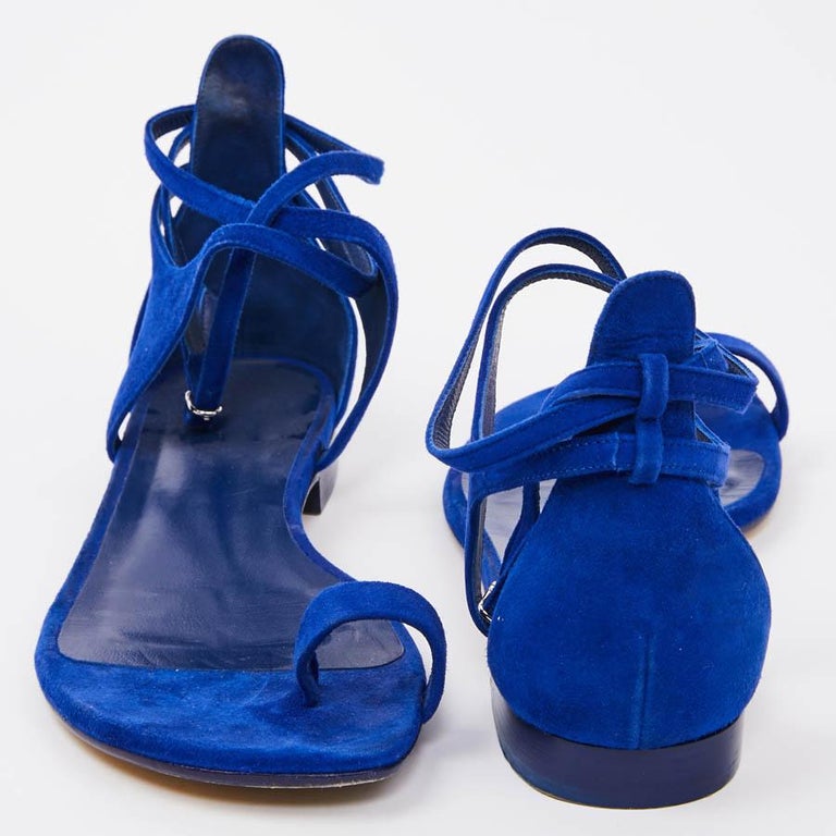 HERMES Electric Blue Suede Leather Sandals Size 37.5FR For Sale at 1stdibs