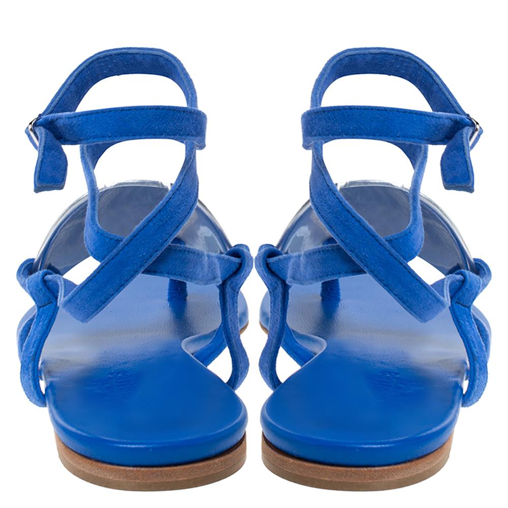 Hermes Electric Blue Suede Wrap Up Thong Flats Sandals Size 40 In Good Condition In Dubai, Al Qouz 2