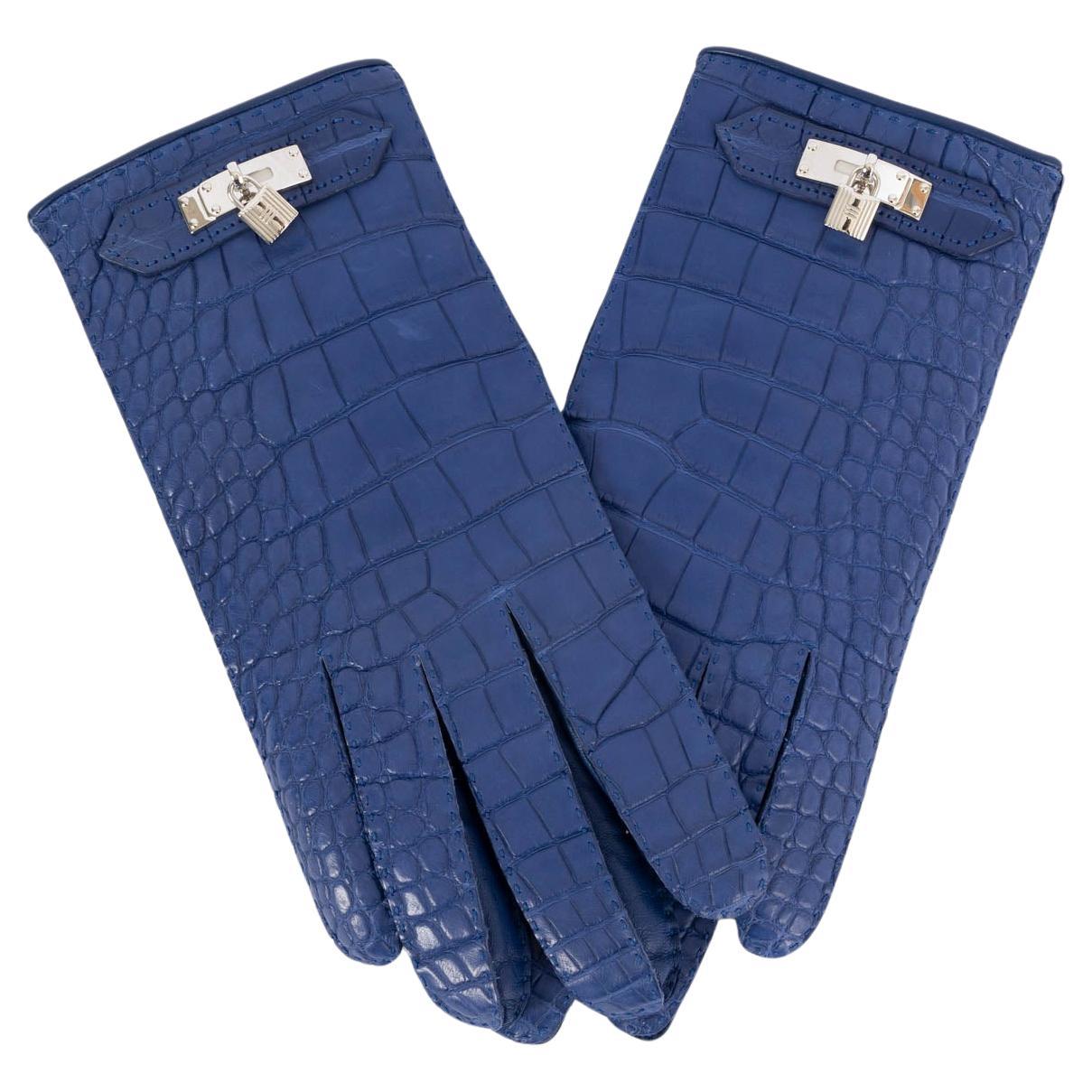 HERMES Electrique blue Matte Croc SOYA KELLY Gloves 7.5 For Sale