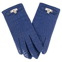 HERMES Electrique blue Matte Croc SOYA KELLY Gloves 7.5