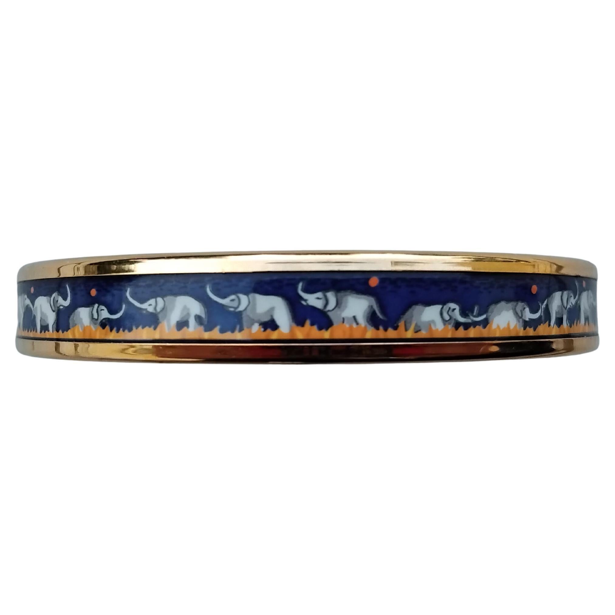 Hermès Elephants Grazing Enamel Bracelet Blue Narrow Gold Hdw Size 65 3