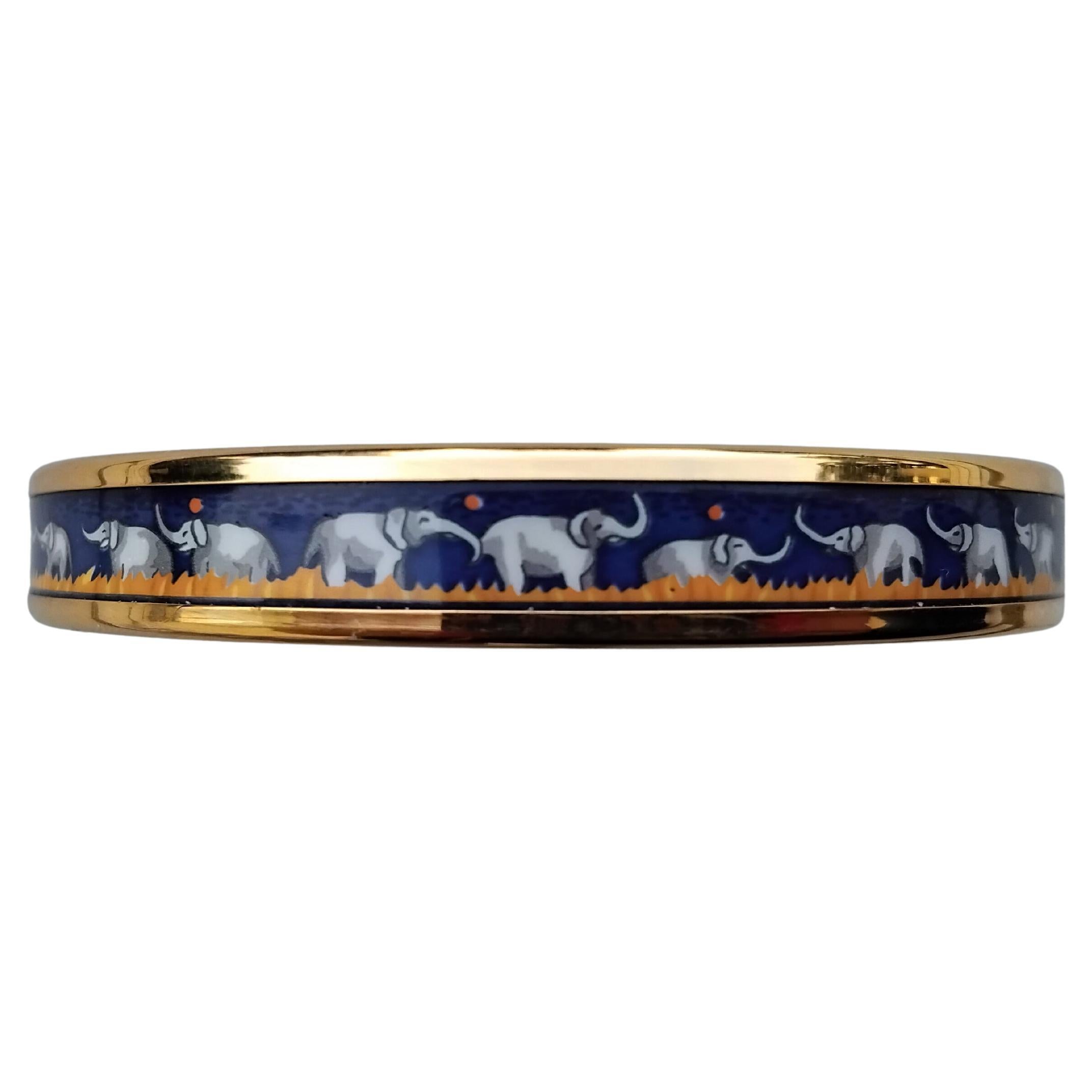 Women's Hermès Elephants Grazing Enamel Bracelet Blue Narrow Gold Hdw Size 65