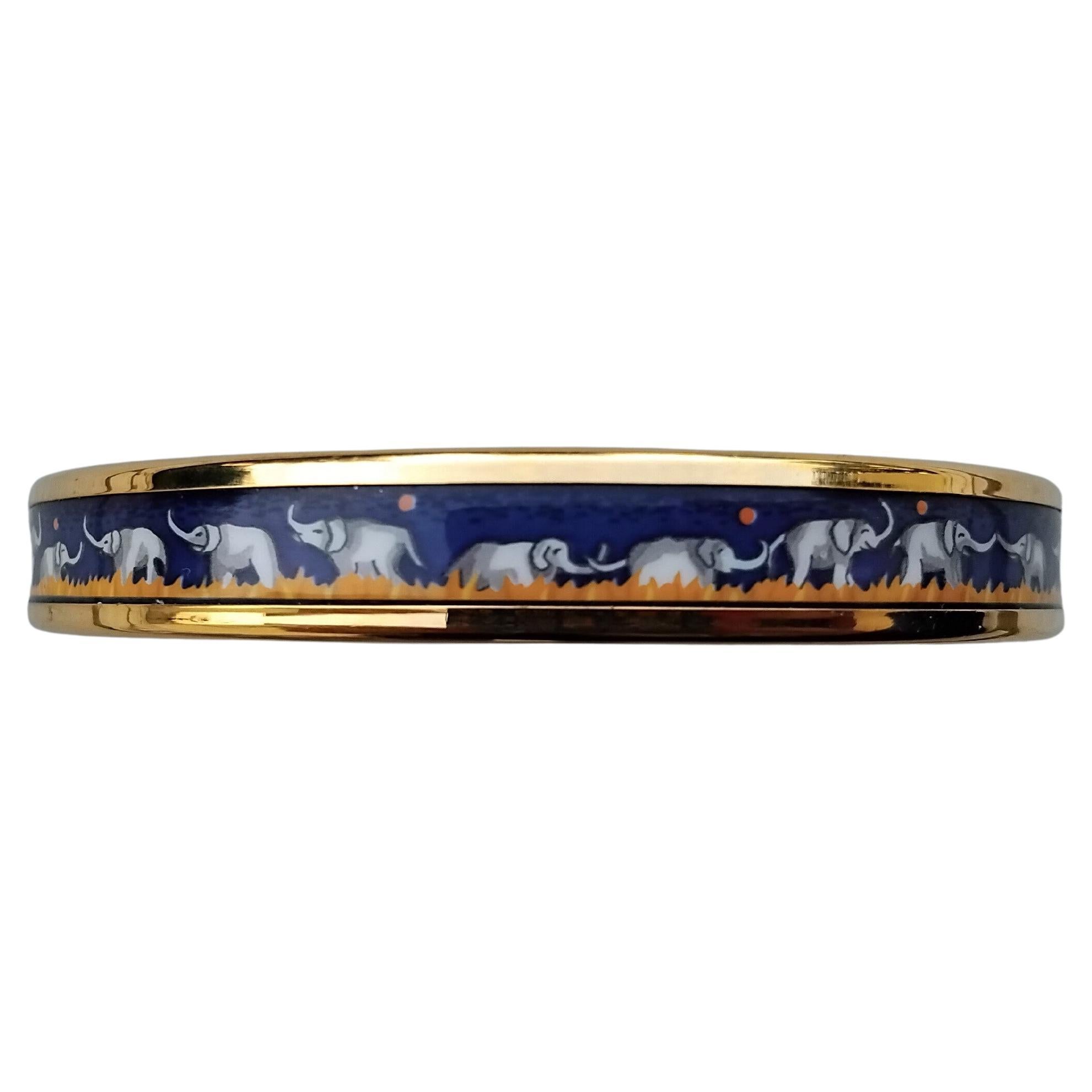 Hermès Elephants Grazing Enamel Bracelet Blue Narrow Gold Hdw Size 65 1