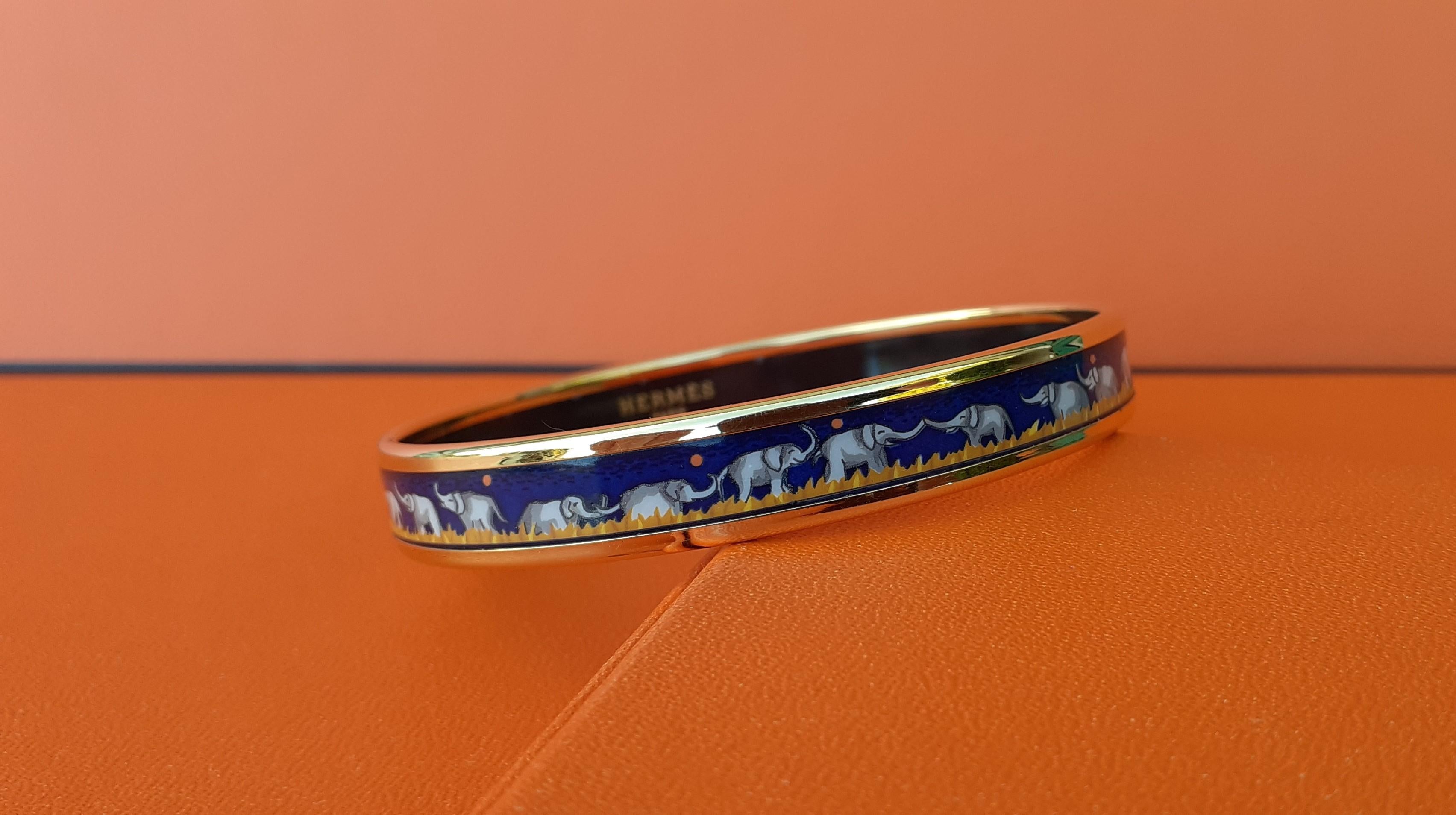 Hermès Elephants Grazing Enamel Bracelet Blue Narrow Gold Hdw Size 65 6