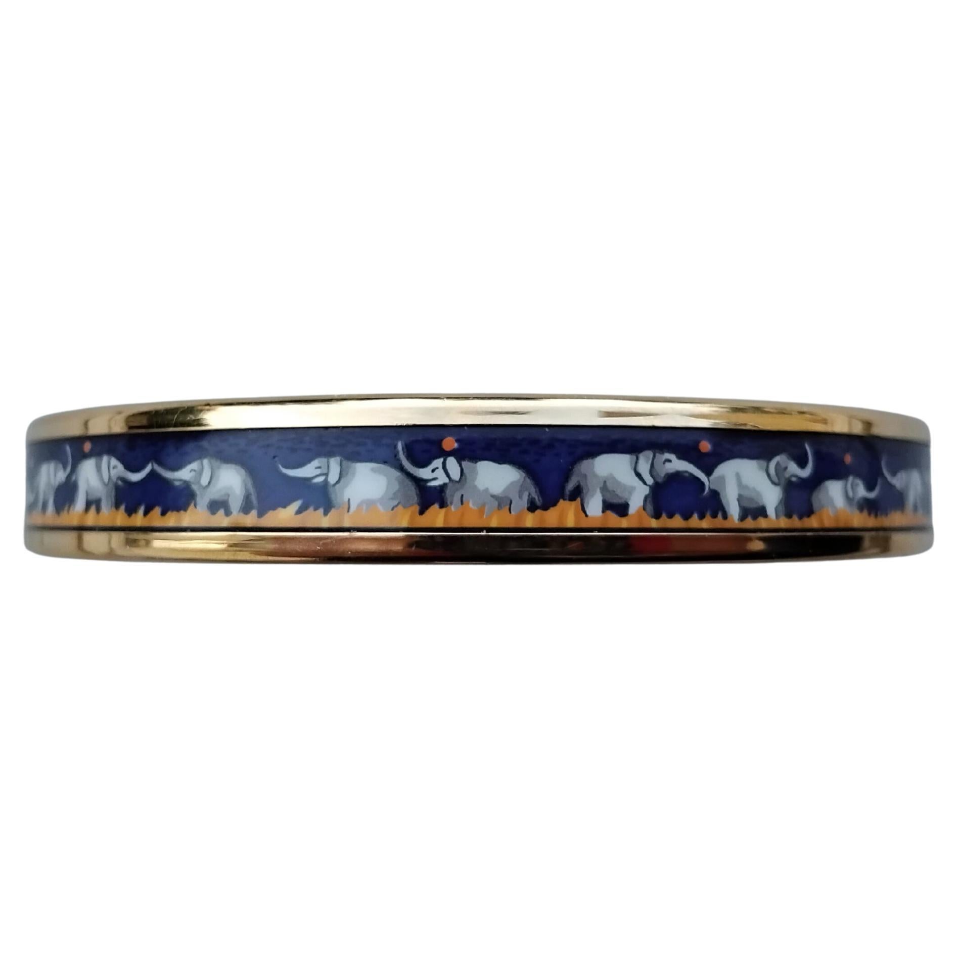 Hermès Elephants Grazing Enamel Bracelet Blue Narrow Gold Hdw Size 65 2
