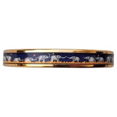 Hermès Elephants Grazing Enamel Bracelet Blue Narrow Gold Hdw Size 65