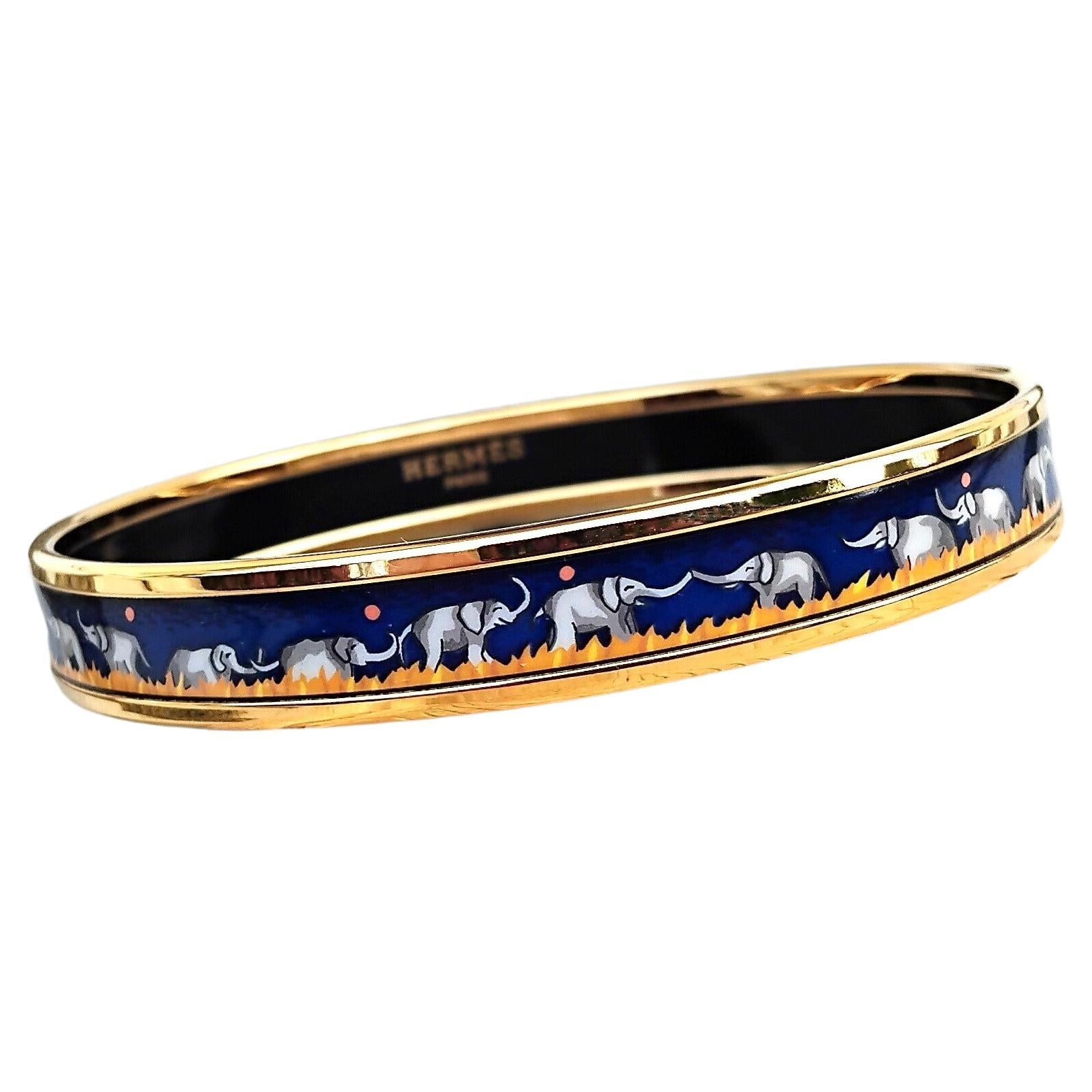 Hermès Elefanten grasen Emaille-Armband Blau Neu Gold Hdw Größe 70 im Angebot 3