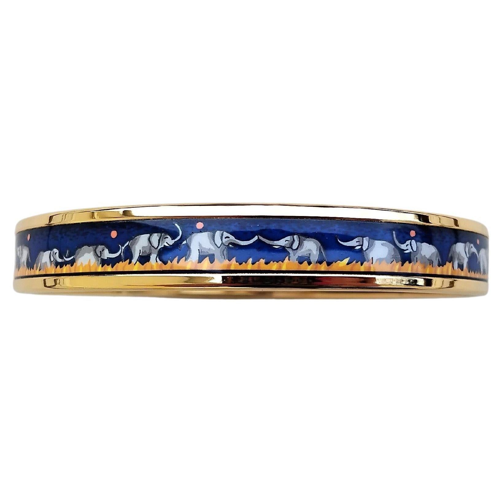 Hermès Elefanten grasen Emaille-Armband Blau Neu Gold Hdw Größe 70 Damen im Angebot