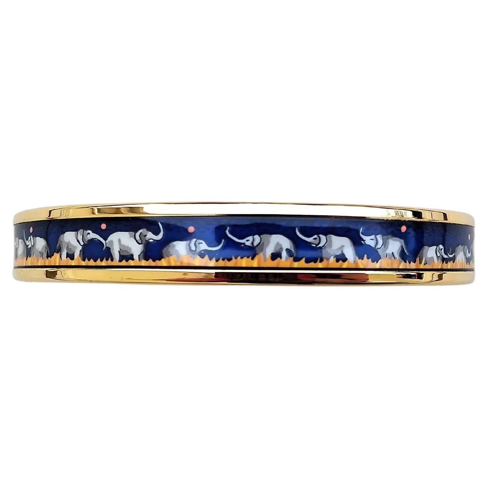 Hermès Elefanten grasen Emaille-Armband Blau Neu Gold Hdw Größe 70 im Angebot 1