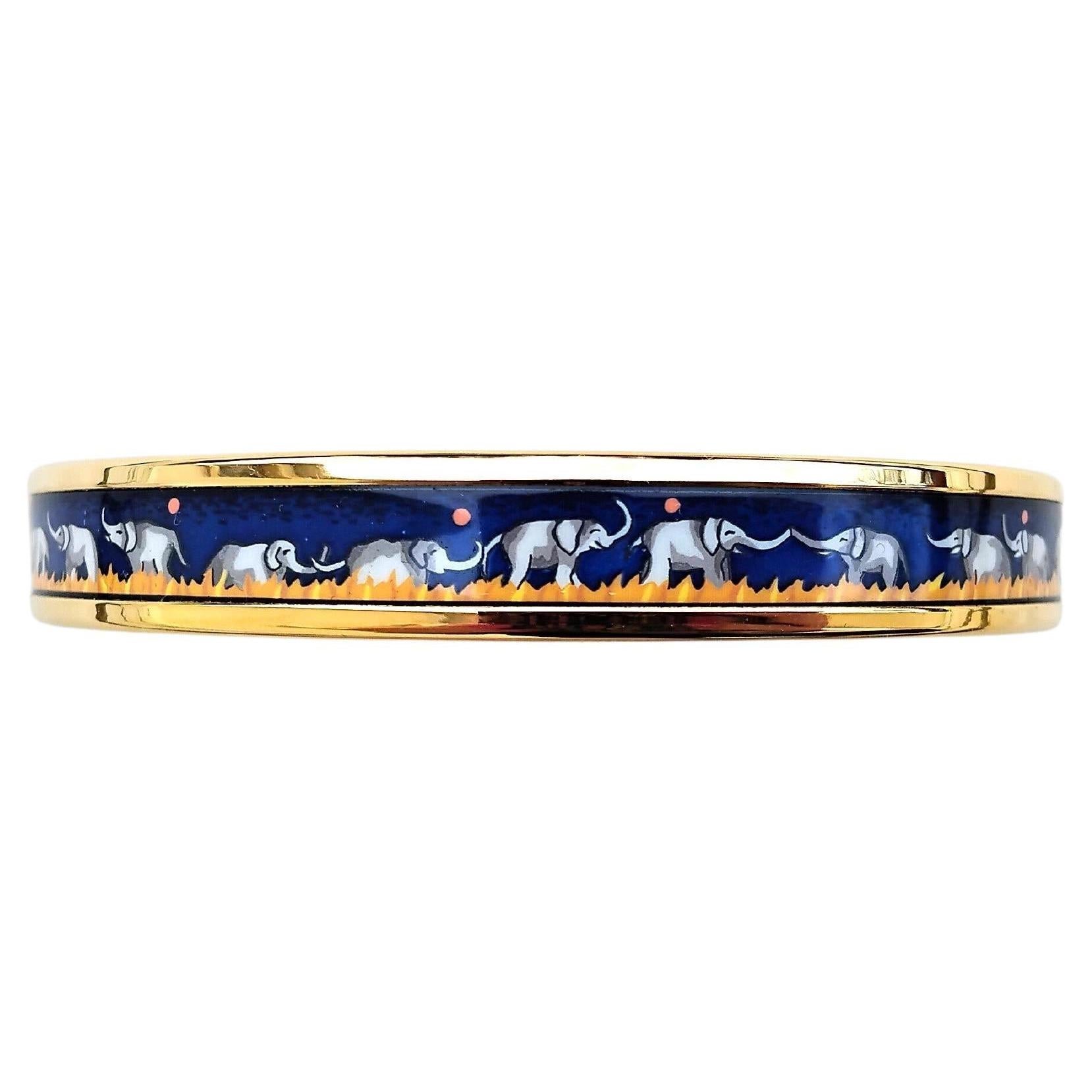 Hermès Elefanten grasen Emaille-Armband Blau Neu Gold Hdw Größe 70 im Angebot 2