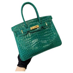 Hermes Emerald Birkin 30 Shiny Crocodile Bag with GHW