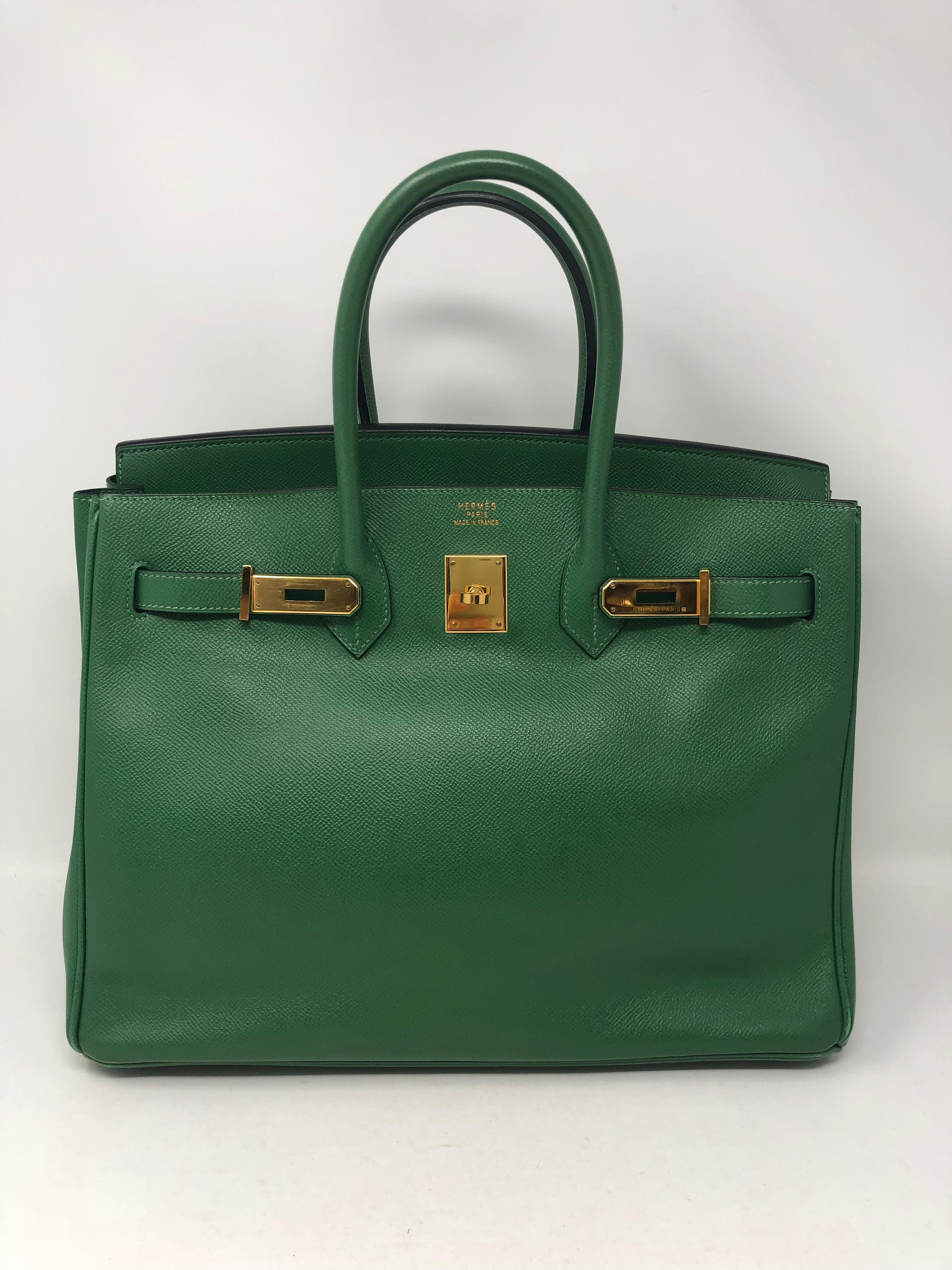 Hermes Birkin 35 in Emerald Green color. It is a beautiful deep green that is the most wanted color for the Season. Gold hardware and courchevel leather. Vintage Birkin in great condition. Light wear only on corners. Barely noticeable and leather in