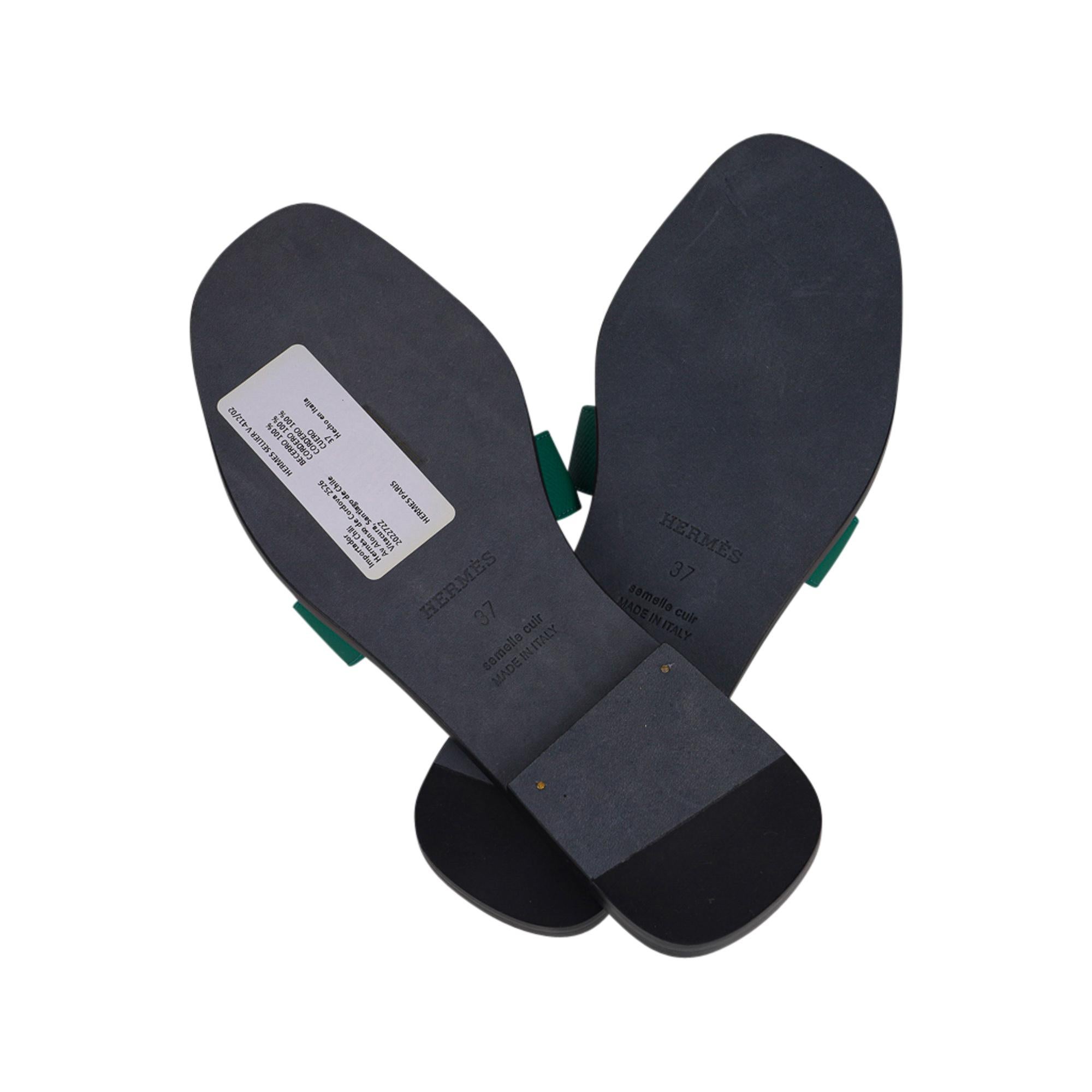 Blue Hermes Emerald Oran Sandal Epsom Leather Flat Shoes 37/ 7 New w/ Box