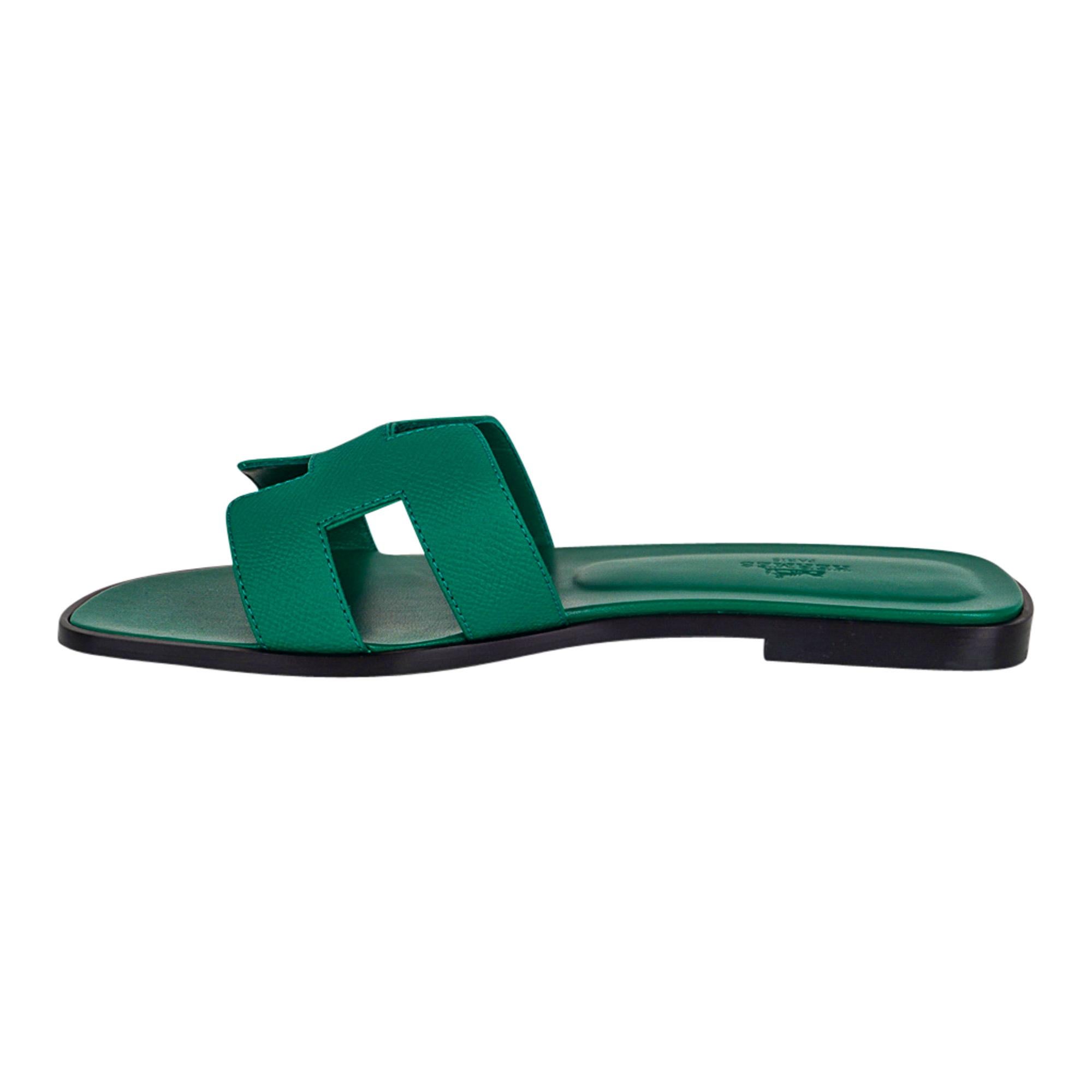 Blue Hermes Emerald Oran Sandal Epsom Leather Flat Shoes 38.5 / 8.5 New w/ Box