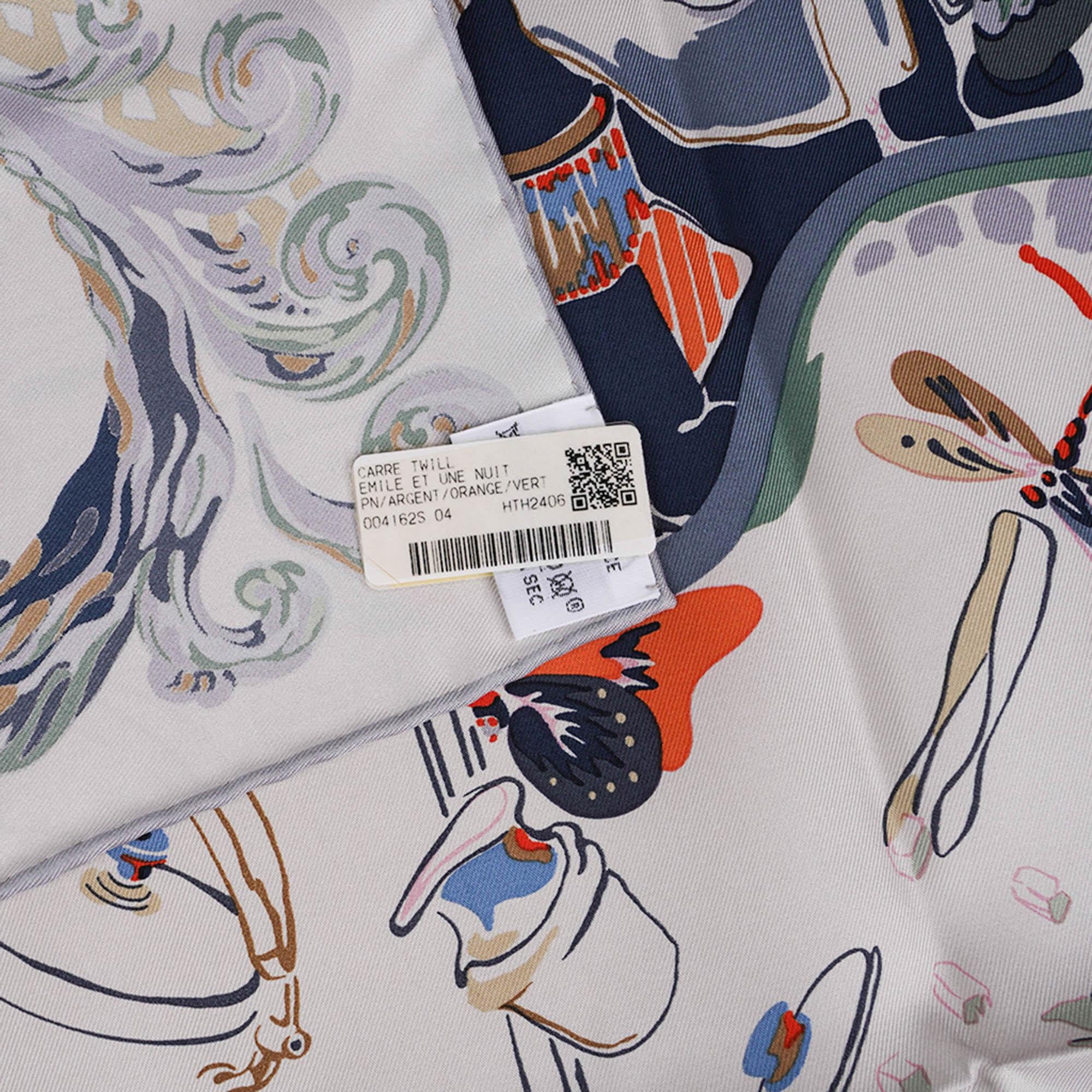 Hermes Emile et une Nuit Argent Arancione e Vert  Sciarpa di seta 90 in vendita 7