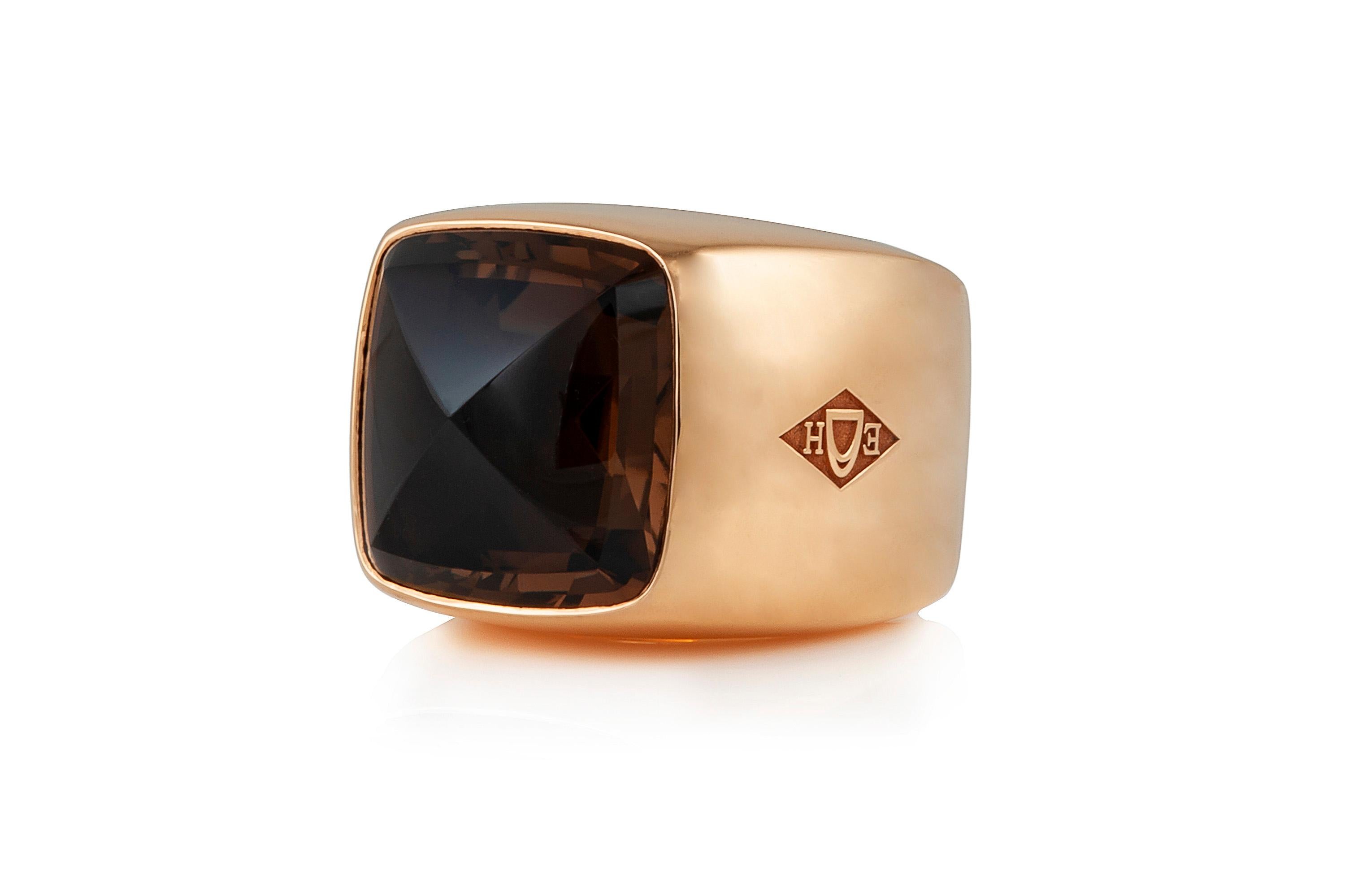 Hermes ring, finely crafted in 18k rose gold with cabochon smoky quartz at the center.